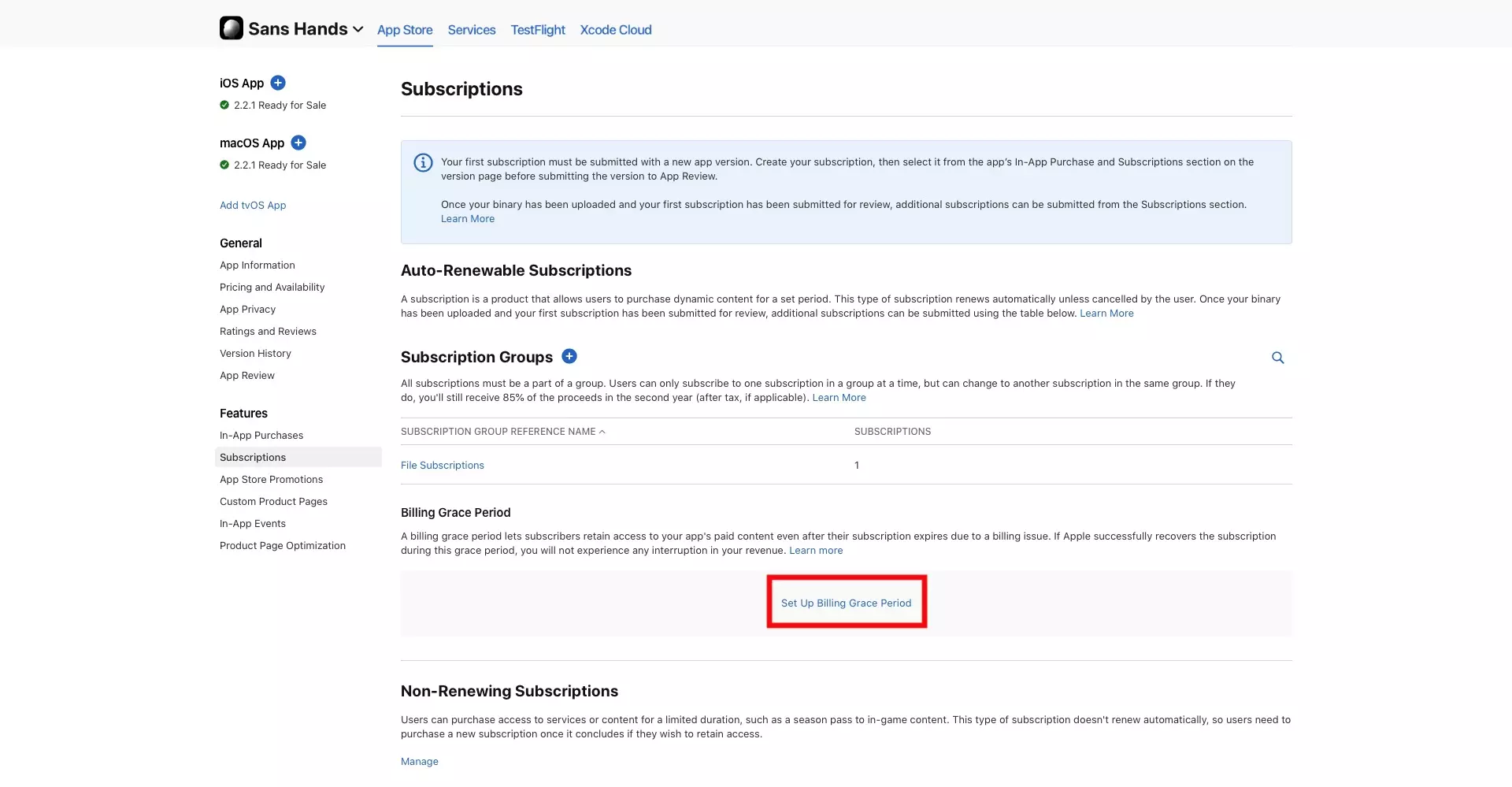 A screenshot of the App Store Connect Subscriptions page with a highlight on the "Set up Billing Grace Period" hyperlink beneath the Billing Grace Period section.