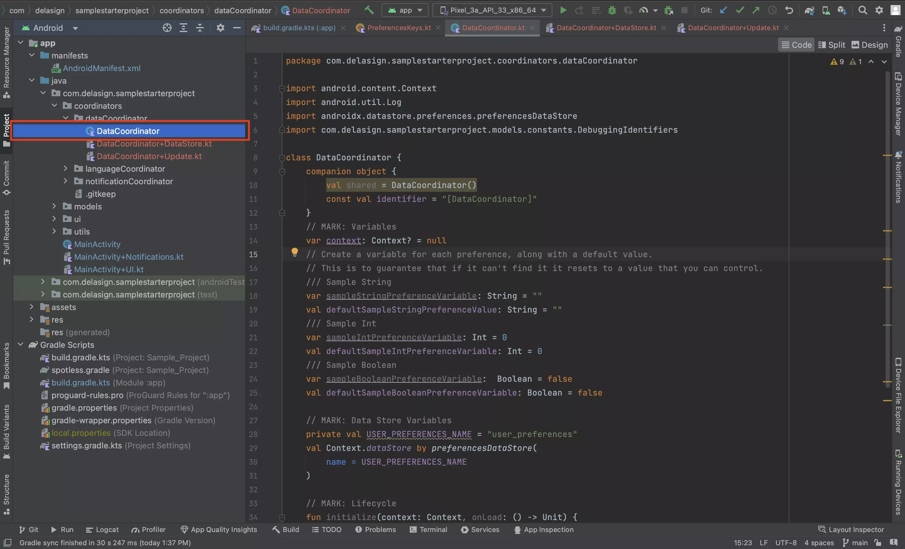 A screenshot of Android Studio showing the DataCoordinator.kt file with the code below.