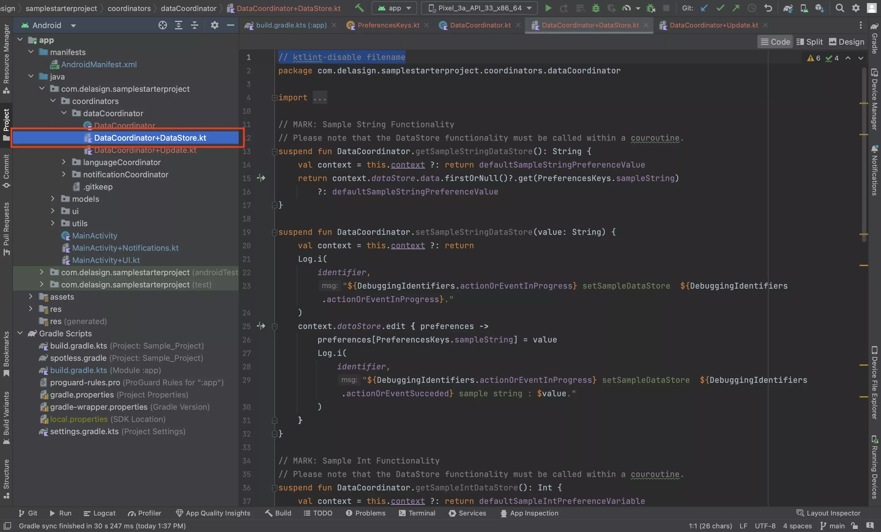 A screenshot of Android Studio showing the DataCoordinator+DataStore.kt file with the code that's available below.