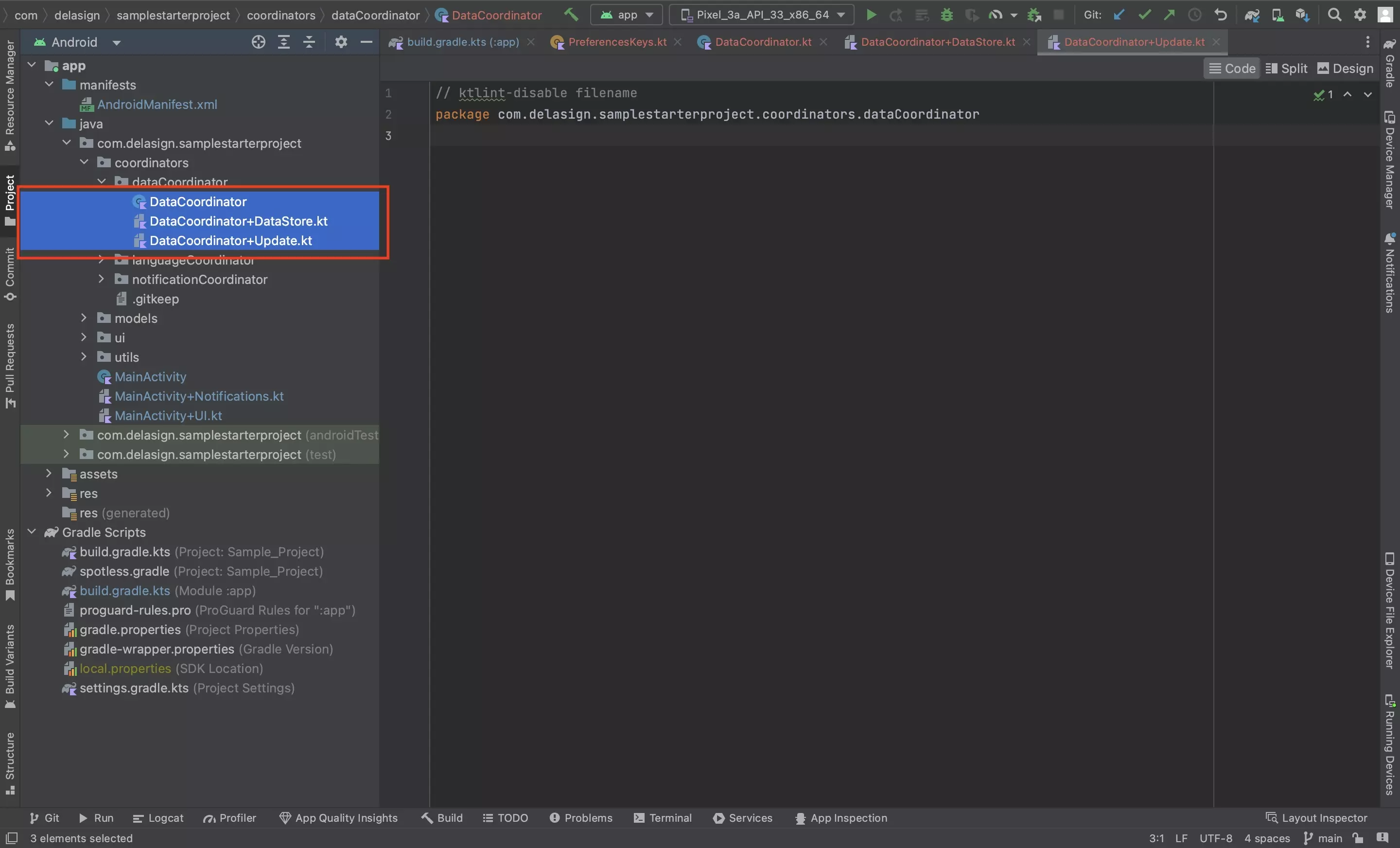 A screenshot of Android Studio with the DataCoordinator.kt,DataCoordinator+DataStore.kt and the DataCoordinator+Update.kt file highlighted.