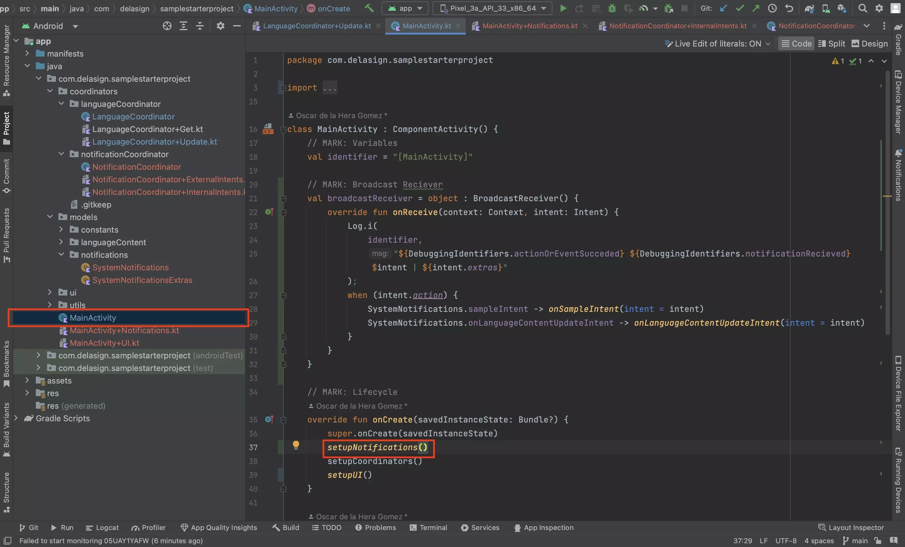 A screenshot of Android Studio showing the setupNotifications function being called in the onCreate lifecycle in the MainActivty.kt file.