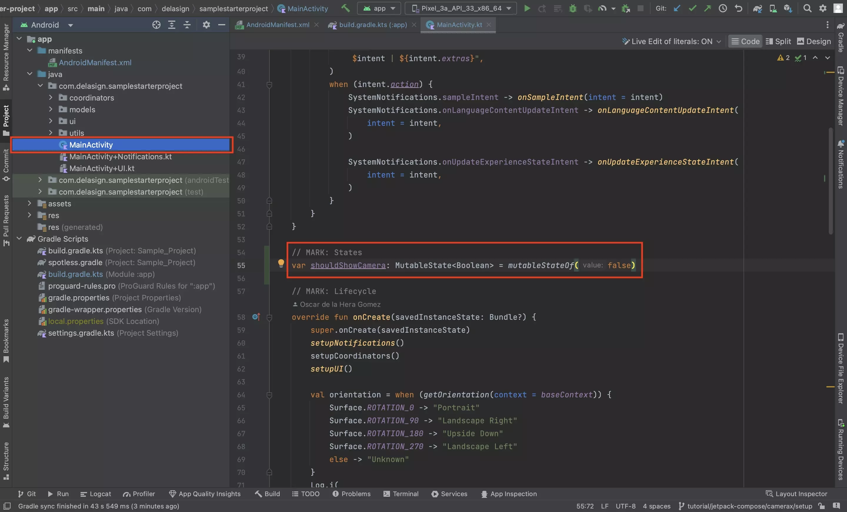 A screenshot of Android Studio showing you how to add the shouldShowCamera state to the Android activity.