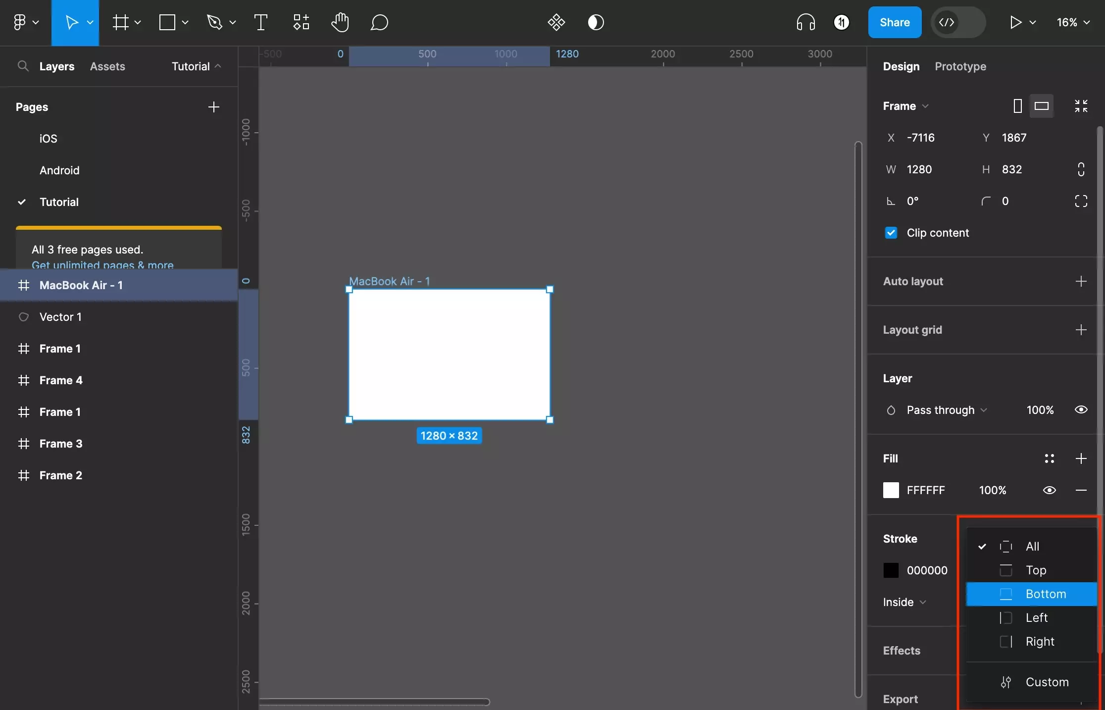 A screenshot of Figma that shows you a frame that has been selected. We have added a stroke and have highlighted the menu that appears when you click the strokes per side icon. The options are all, top, bottom, left, right or custom.