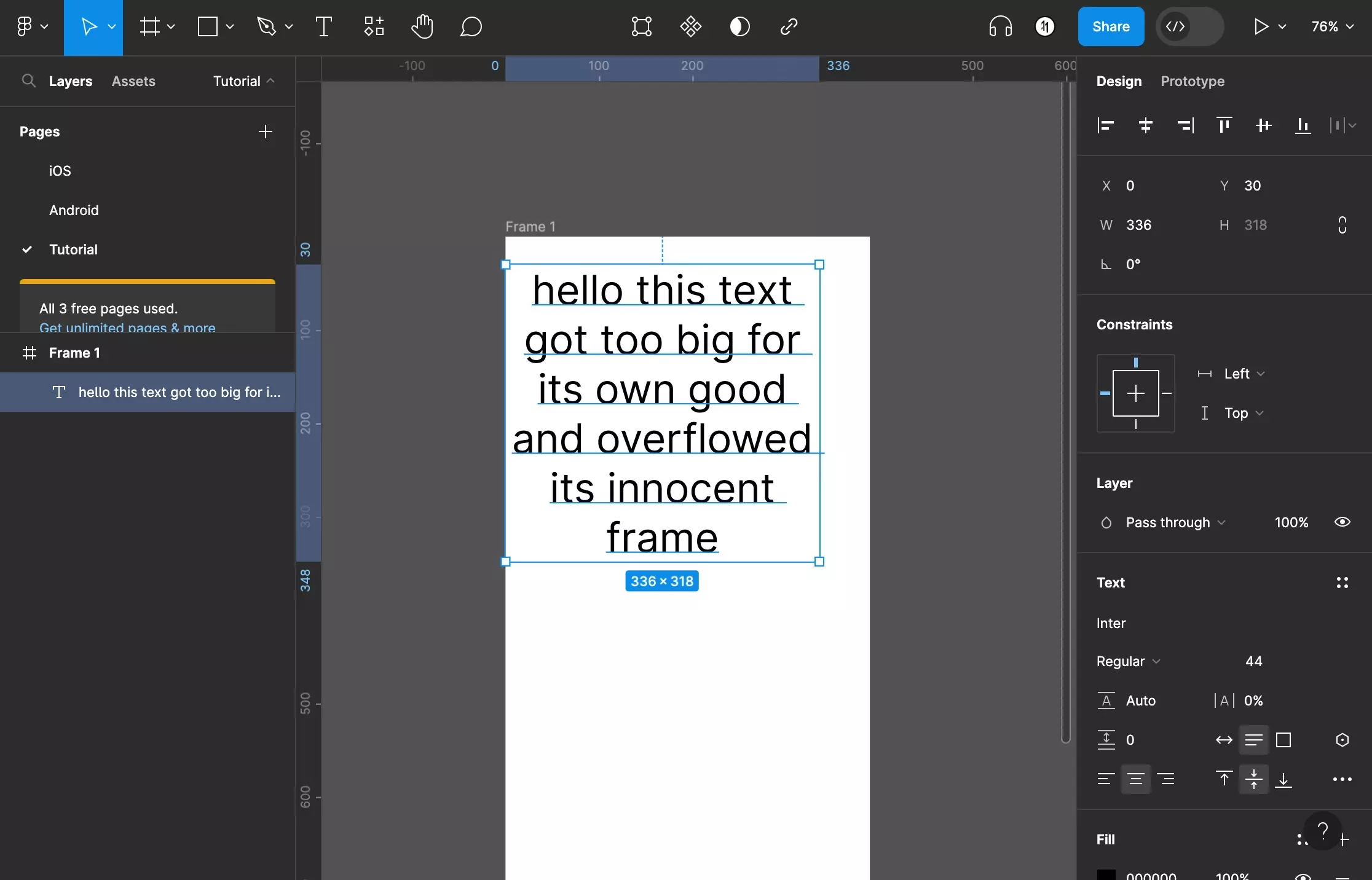A screenshot of Figma that shows you a text frame that fits its content exactly.