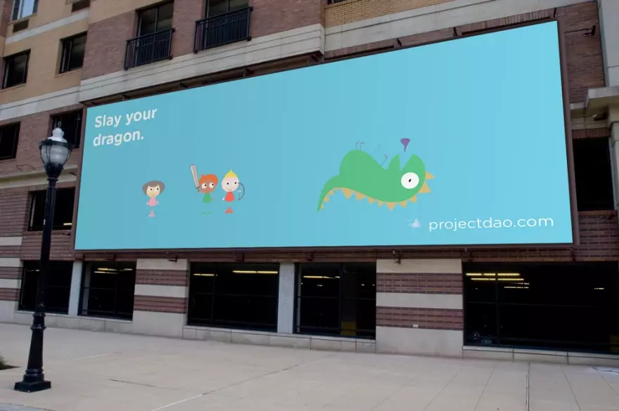 An advertisement for Project Dao that shows cartoon characters defeating a dragon under the slogan "slay your dragon."