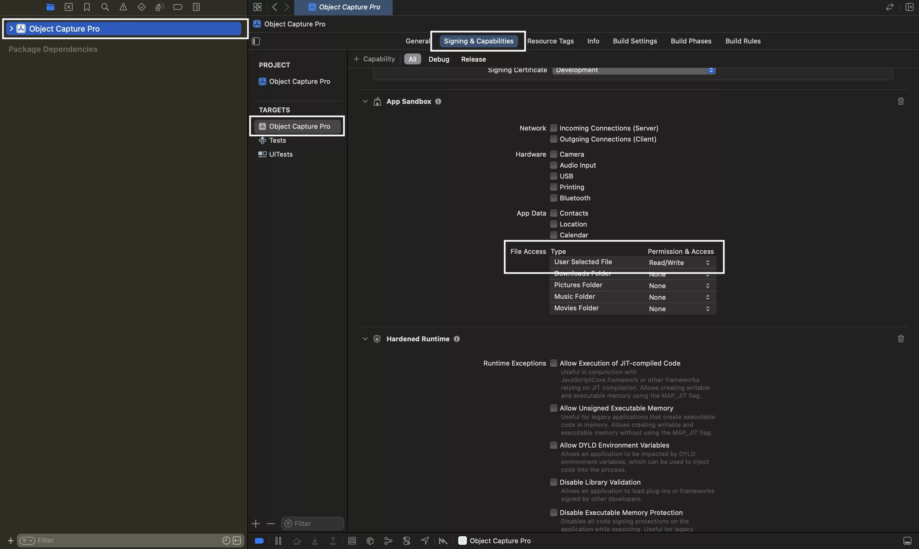 A screenshot of XCode showing we have set the File Access for User Selected Files to Read/Write within the target for our macOS app.