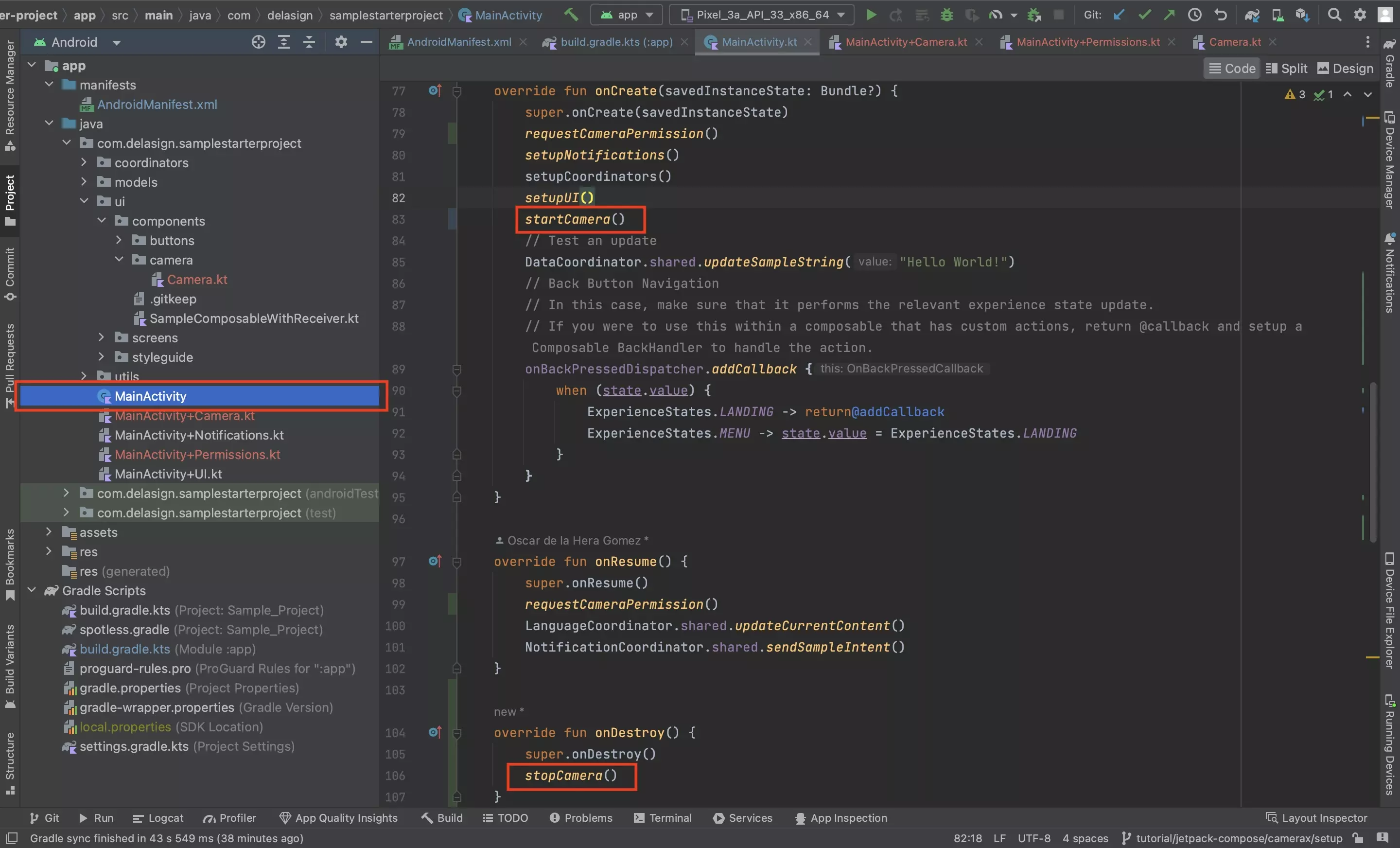 A screenshot of Android Studio showing how to start the camera in the onCreate activity lifecycle function and to stop the camera in the onDestory activity lifecycle function.