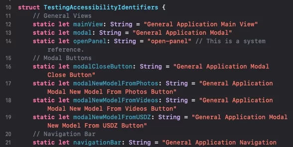 A screenshot of XCode showing the struct that holds all our accessibility identifiers.