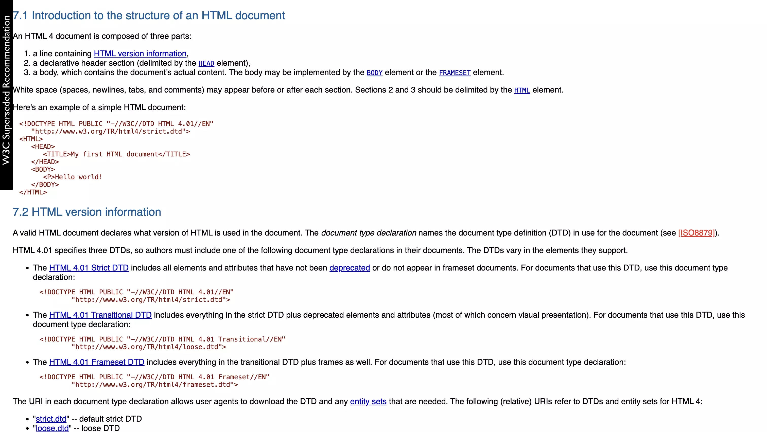 A screenshot of W3C showing the global HTML structure that is offered below.