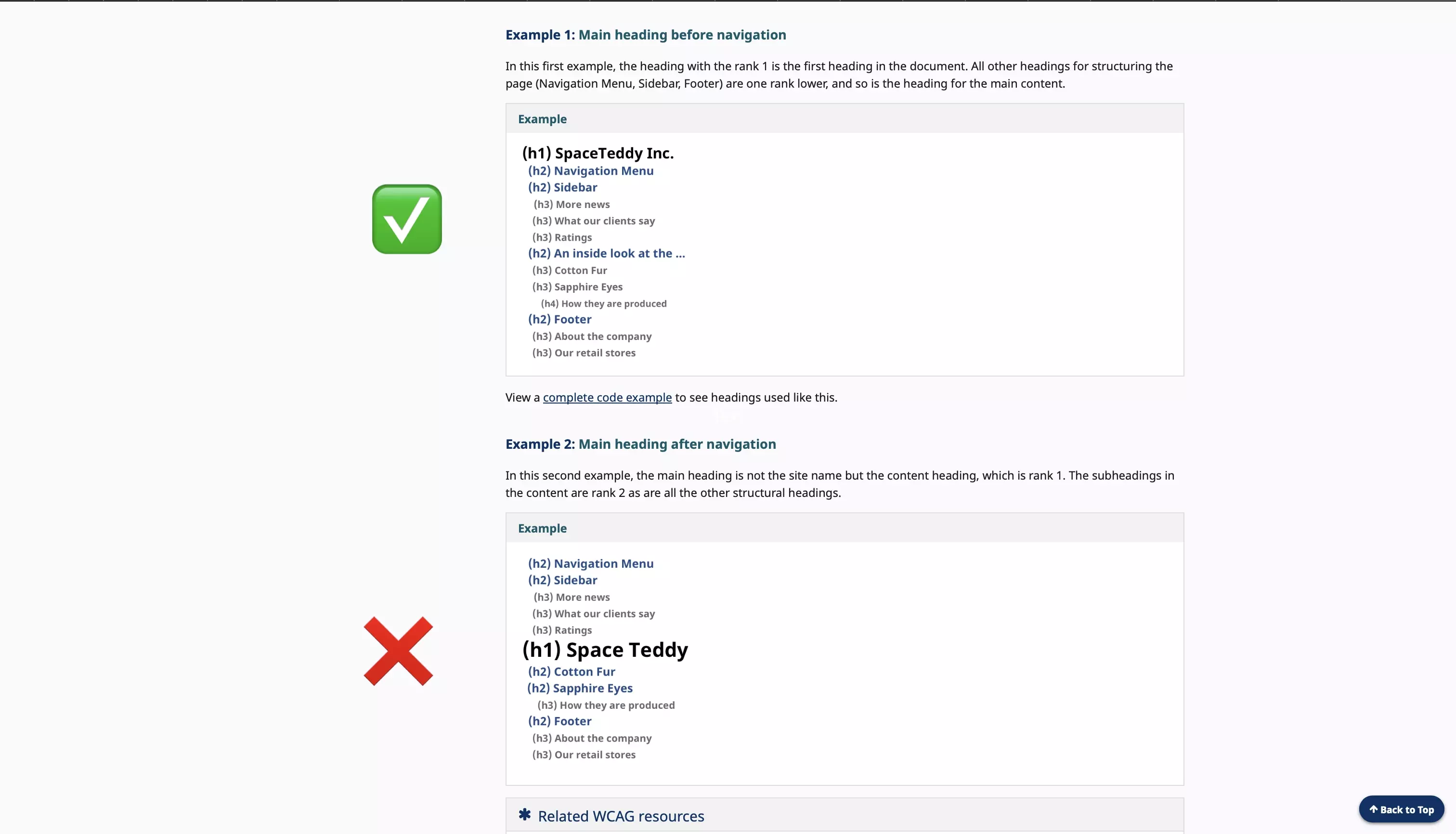 A screenshot of W3C that shows the correct way to structure H1-H6 headings. You should never place a H1 below a H2 - or as the World Wide Web consortium puts it "Skipping heading ranks can be confusing and should be avoided where possible: Make sure that a <code>&lt;h2&gt;</code> is <strong>not</strong> followed directly by an <code>&lt;h4&gt;</code>, for example. It is ok to skip ranks when closing subsections, for instance, a <code>&lt;h2&gt;</code> beginning a new section, can follow an <code>&lt;h4&gt;</code> as it closes the previous section."