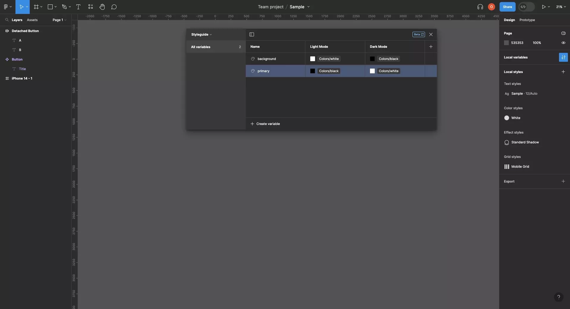 A screenshot of Figma showing the Styleguide that we created for our sample Design System.