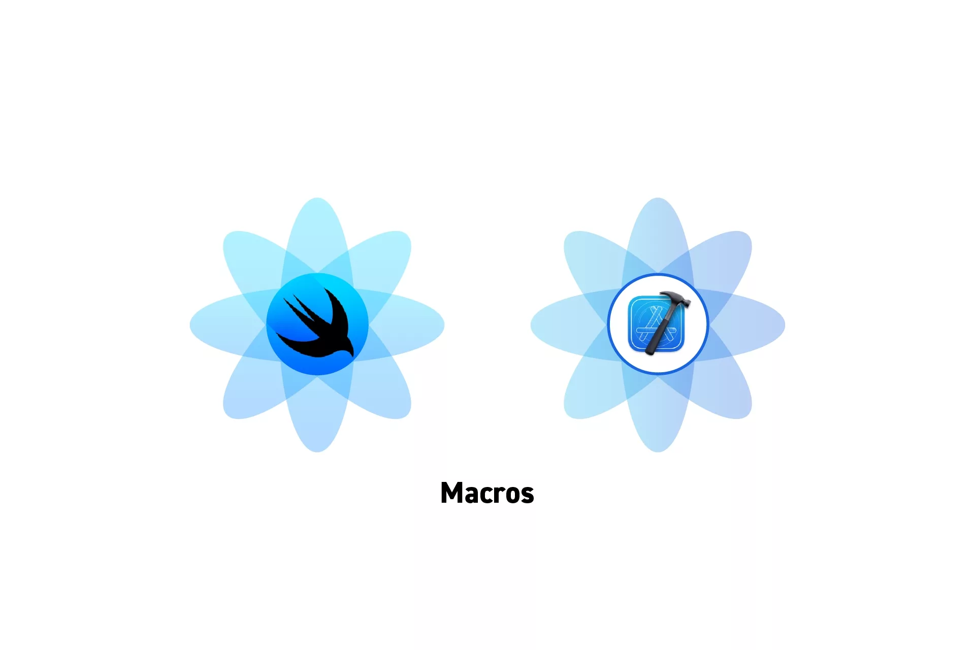 Two flowers that represents SwiftUI and XCode side by side with the text “Macros" beneath it.