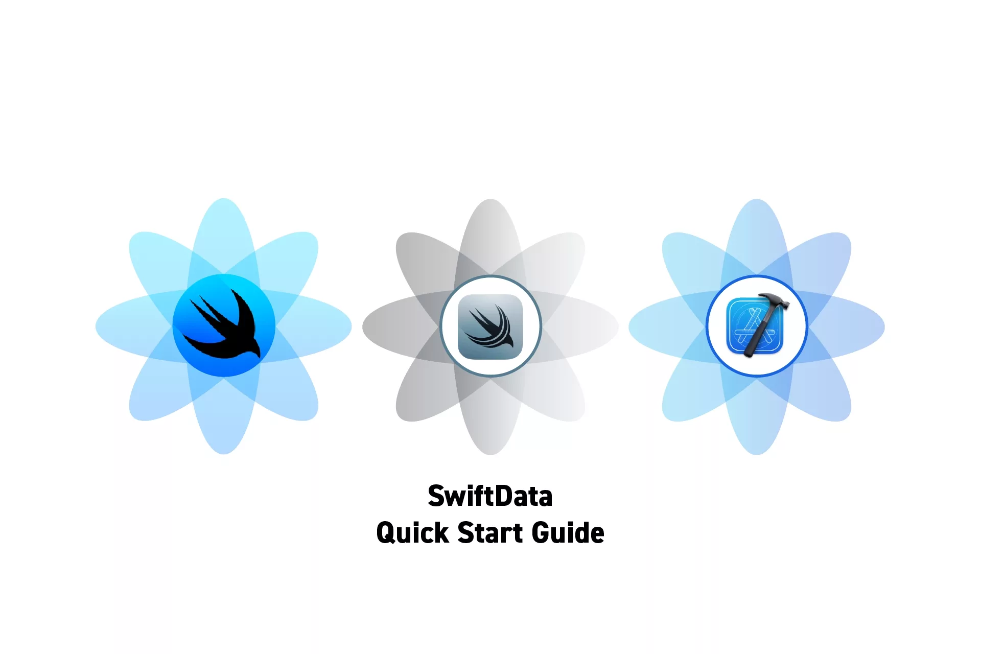 Three Flowers that represent SwiftUI, SwiftData and XCode side by side. Beneath them sits the text "SwiftData Quick Start Guide."