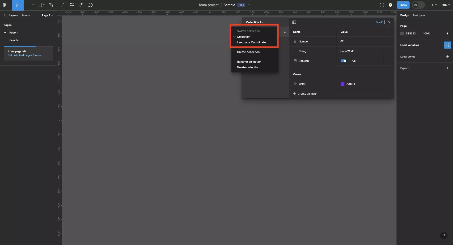 A screenshot of Figma showing the Variable window open, it shows 4 variables with default names. The four variables are a color, number, string and boolean.  They are split across two groups, “all variables” and “colors”. The variable window sidebar is open and we have clicked the name of the collection on the top left. This opens up a menu that allows you to switch collection. Click the name of the collection that you would like to switch to.