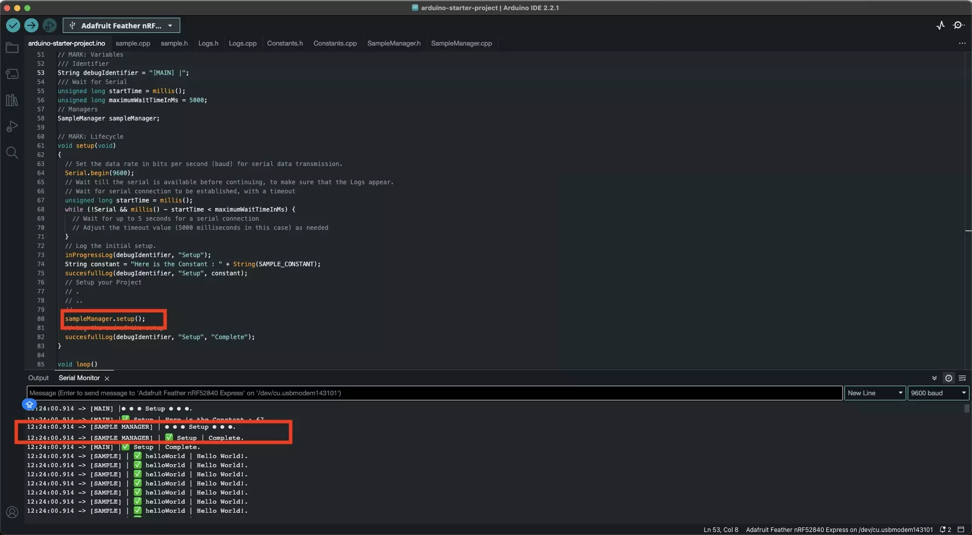 A screenshot of the Arduino IDE highlighting the Serial Monitor whose logs demonstrate that the class works as expected.