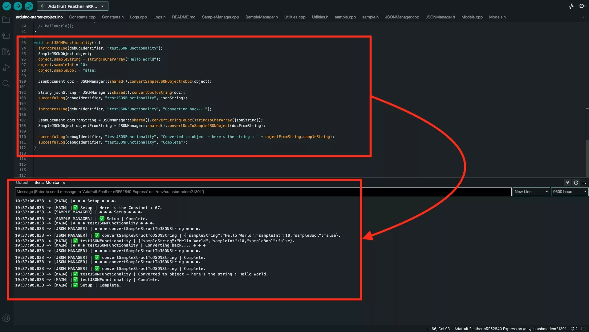 A screenshot of the Arduino IDE showing that the Serial Monitor's logs demonstrate that the process is working.