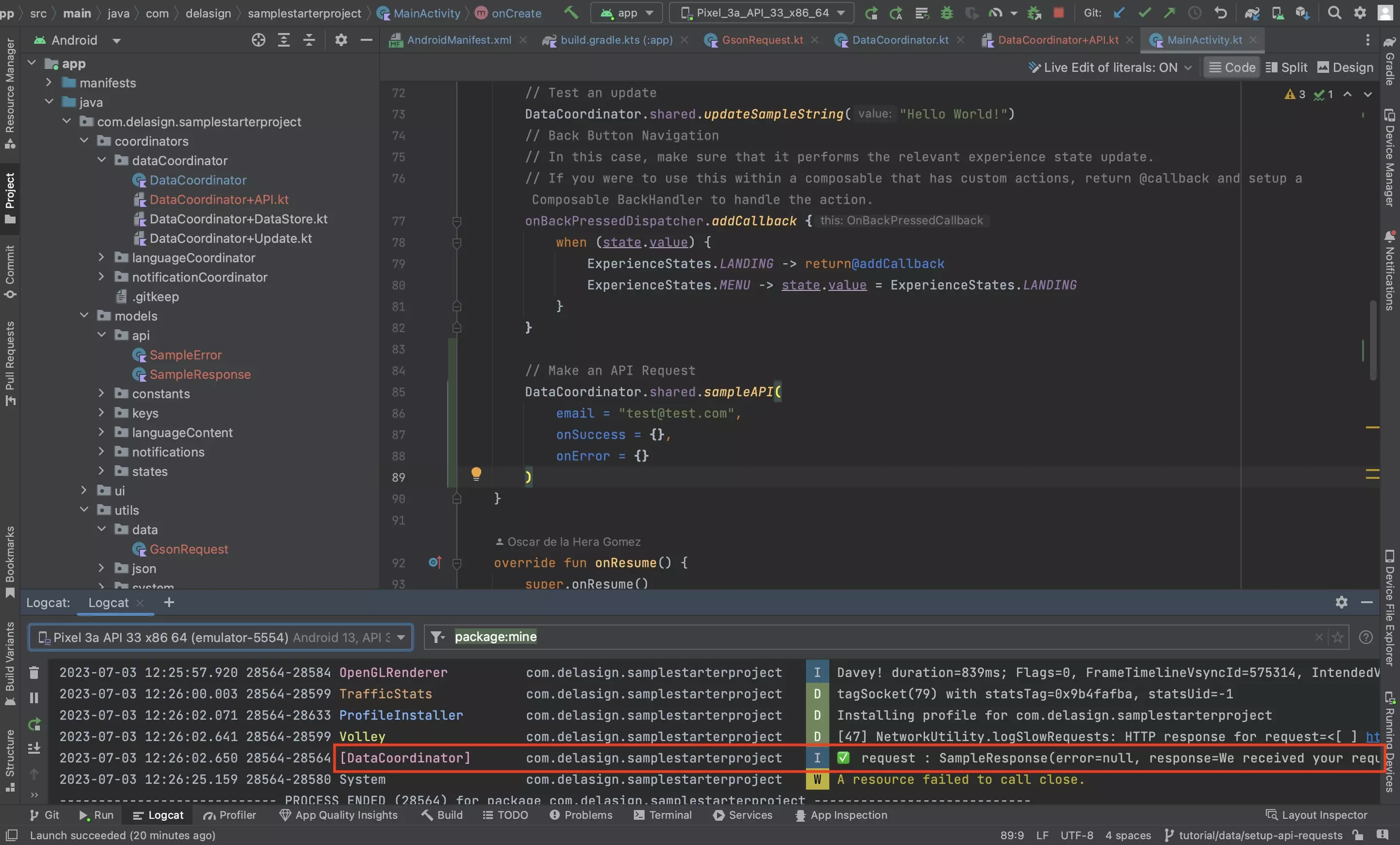 A screenshot of Android Studio with the Logs showing that the request was successful.