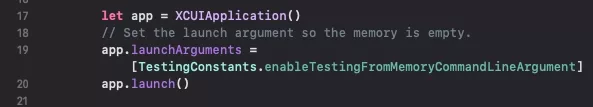 A screenshot of a UITest showing how we launched an app with a Command Line Argument.