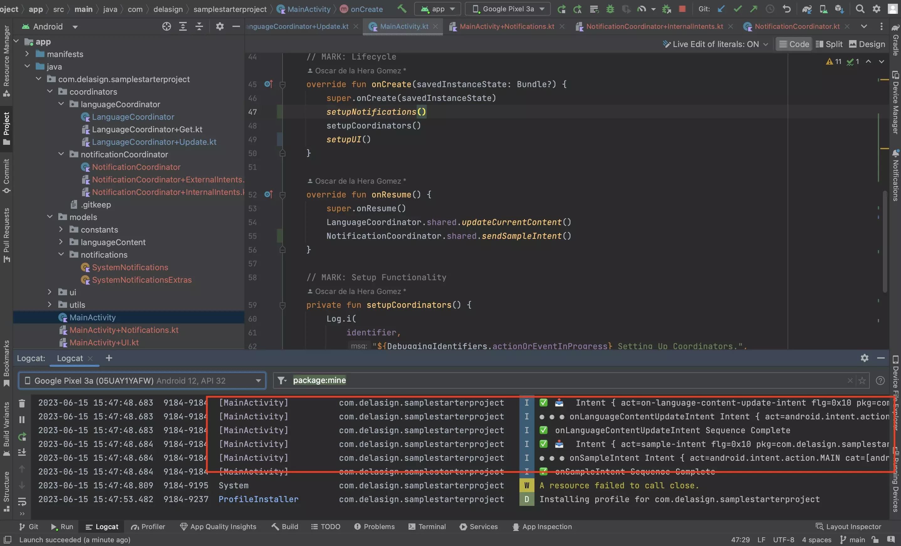 A screenshot of Android Studio showing the logs that confirm that the notifications were sent and received.