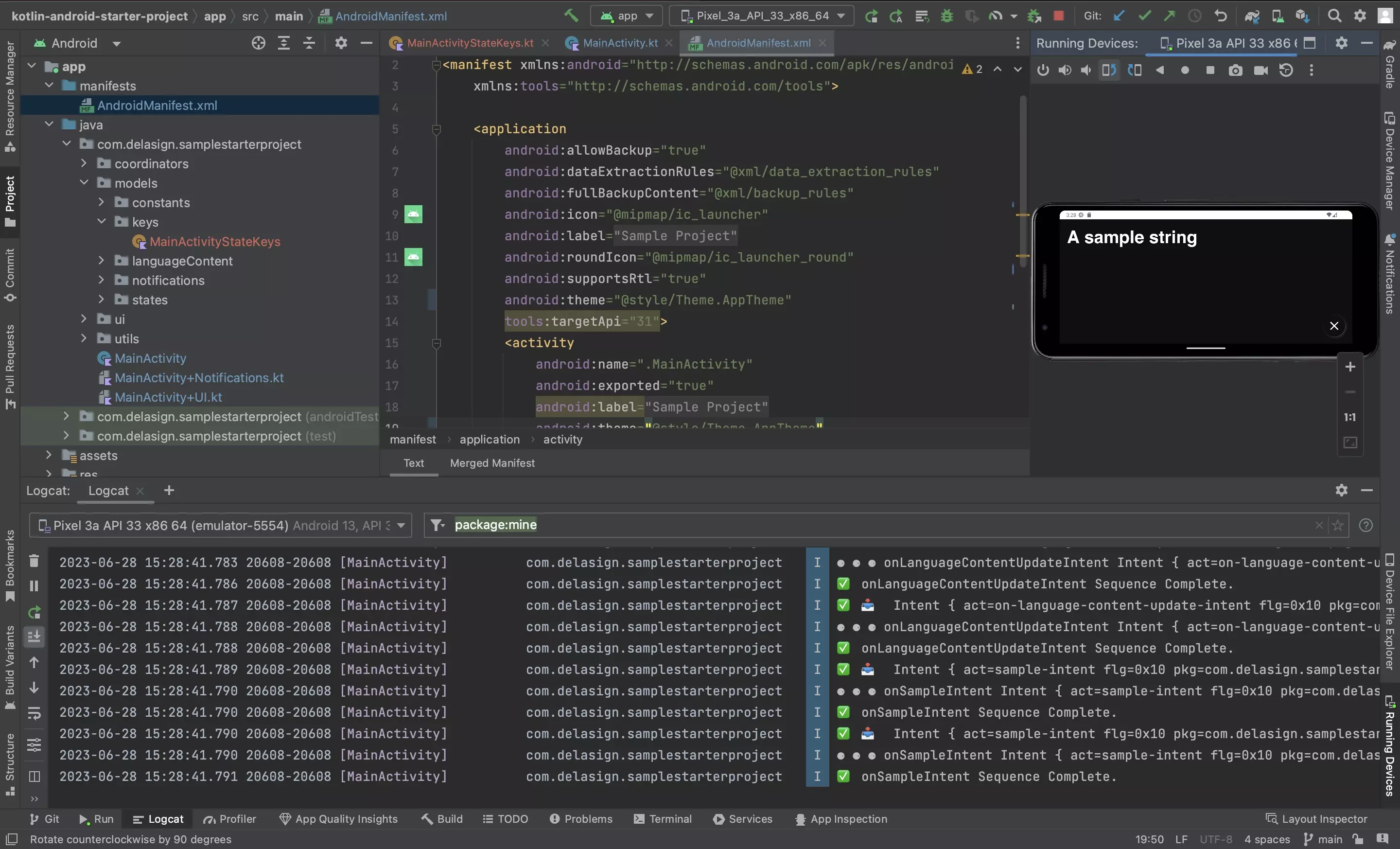 A screenshot of Android Studio showing the Menu screen of our open source project in Landscape demonstrating that the state was saved and restored succesfully.