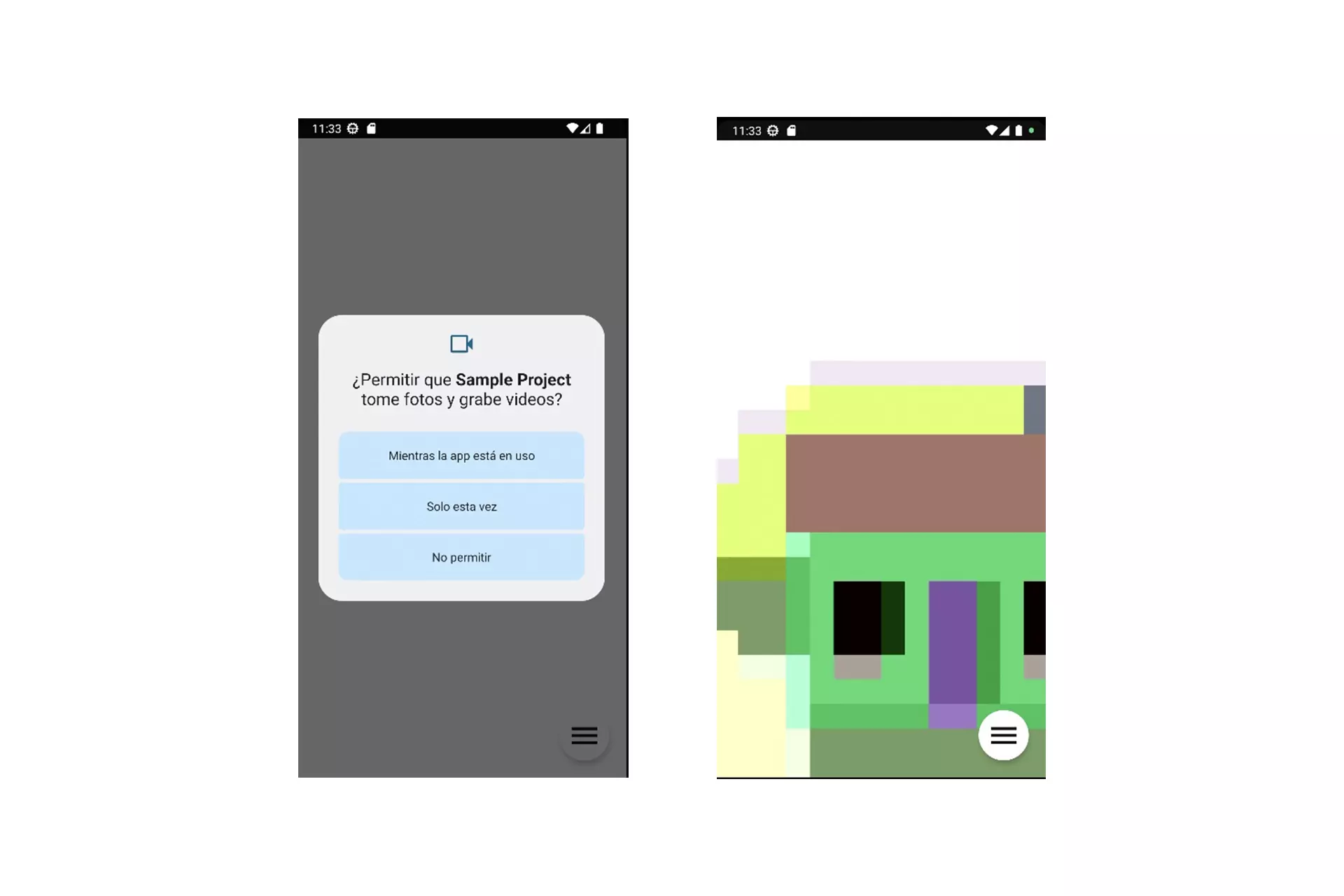 Two Android Emulator screens side by side. On the left it shows the app requesting permissions, on the right the camera functioning as expected.