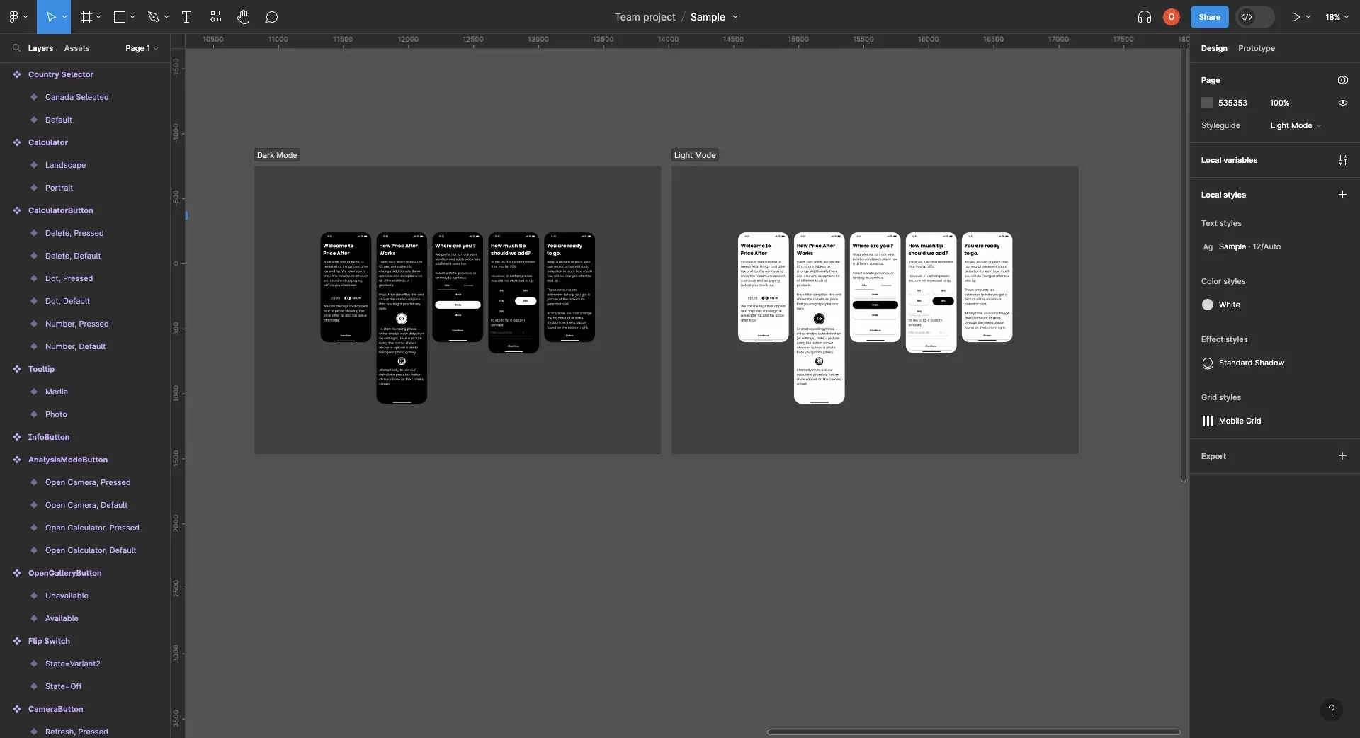 A screenshot of Figma showing how we used Sections to display the designs in light mode and dark mode. Tutorials available below.