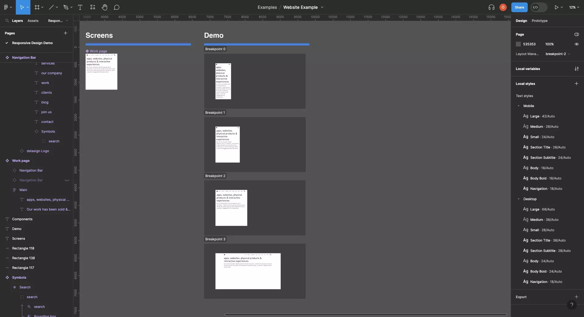 A screenshot of Figma that shows 4 sections for the four breakpoint in our design system. Each section shows a different design that matches the intended layout. At the bottom, in the largest version of the design we see that after a certain point the screen applies white space around the edges, fulfilling the intention of this tutorial.