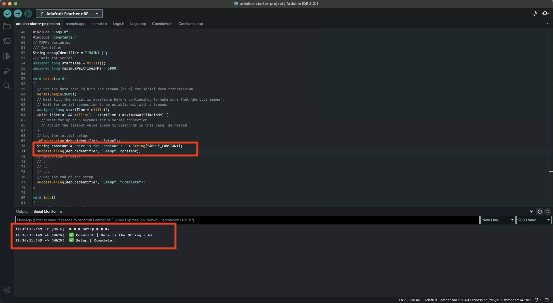 A screenshot of the Arduino IDE highlighting how the constant is correctly printed into the Serial monitor.