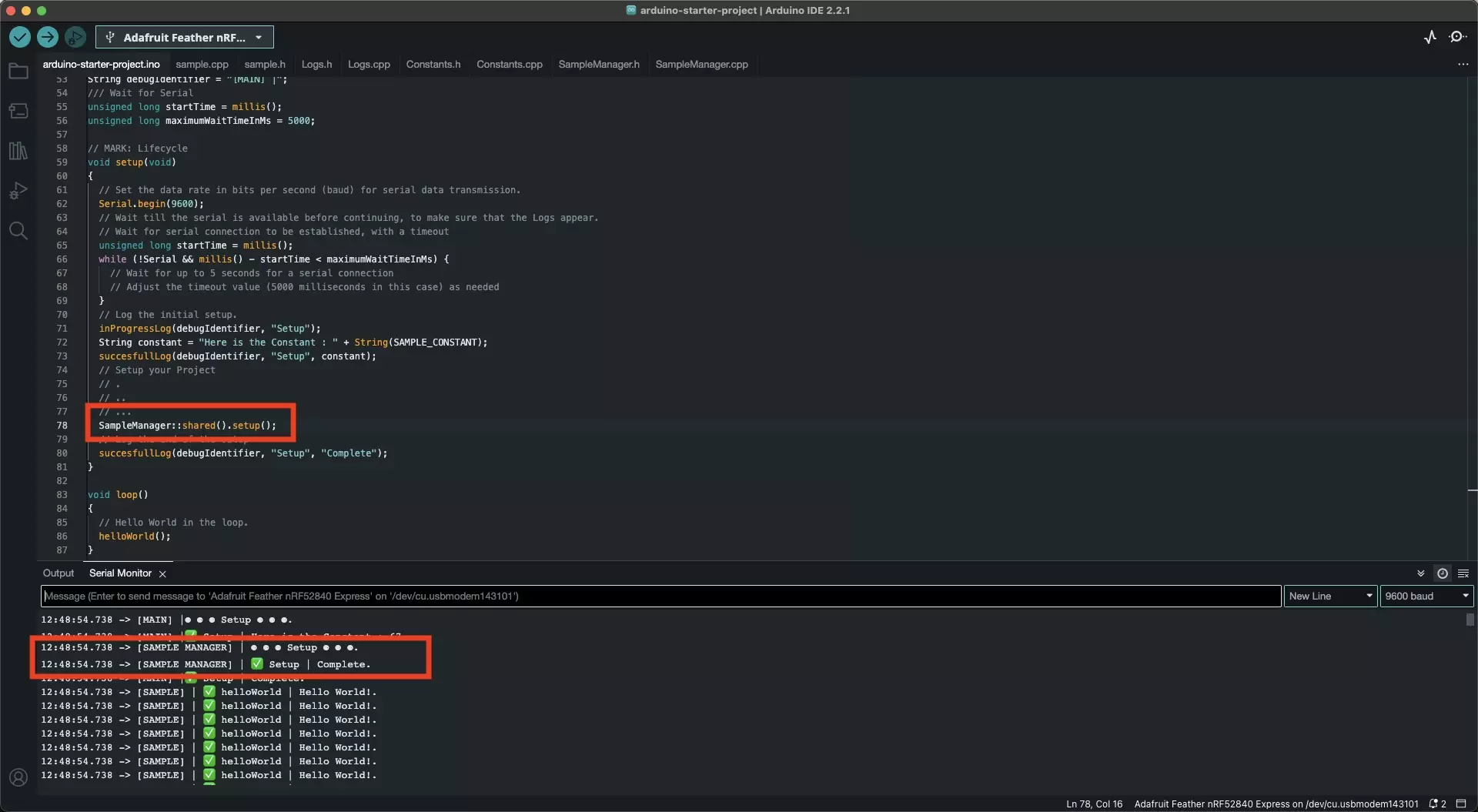 A screenshot of the Arduino IDE demonstrating how the Serial Monitor confirms that the singleton works as expected.