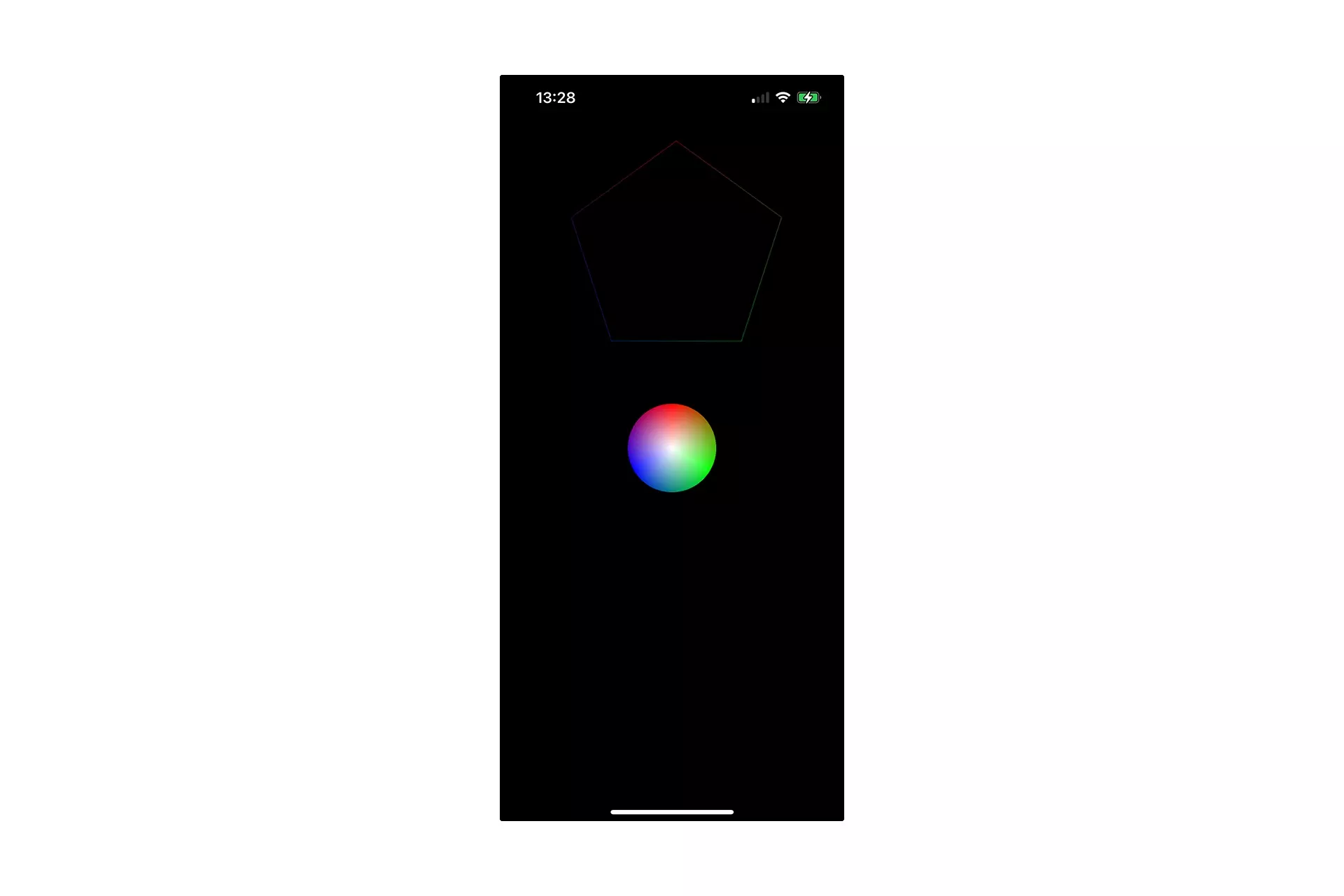 A screenshot of an iPhone showing an outlined Pentagon above a filled circle. Both outlined and filled shape show a gradient that covers all the RGB colors available.