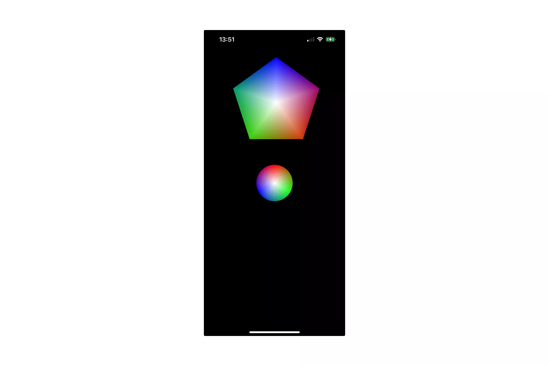 A screenshot of an iPhone that shows a pentagon and a circle each with different colors. This demonstrates that different shaders are being used.