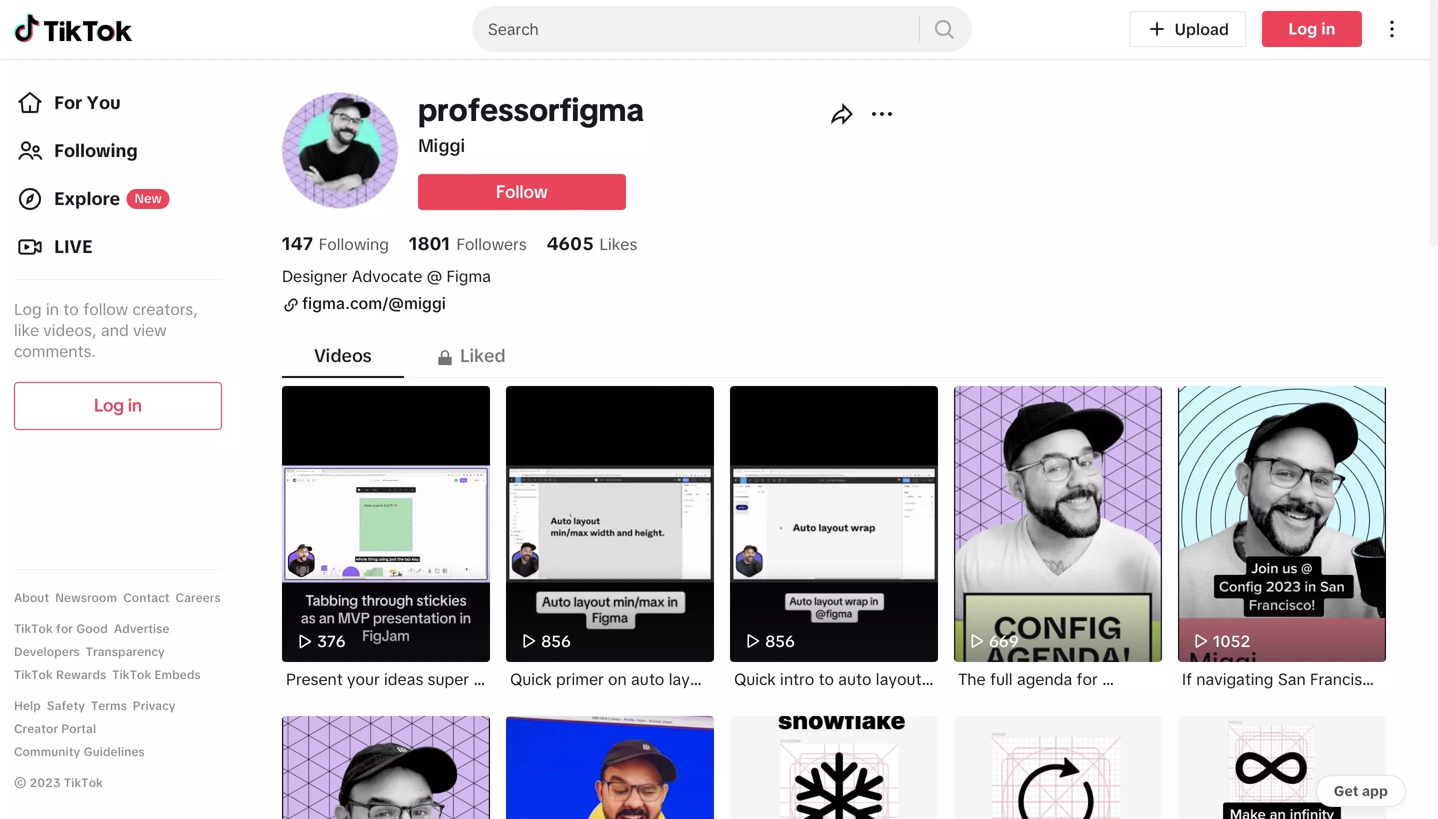 A screenshot of Professor Figma’s Tiktok page on August 17th 2023.