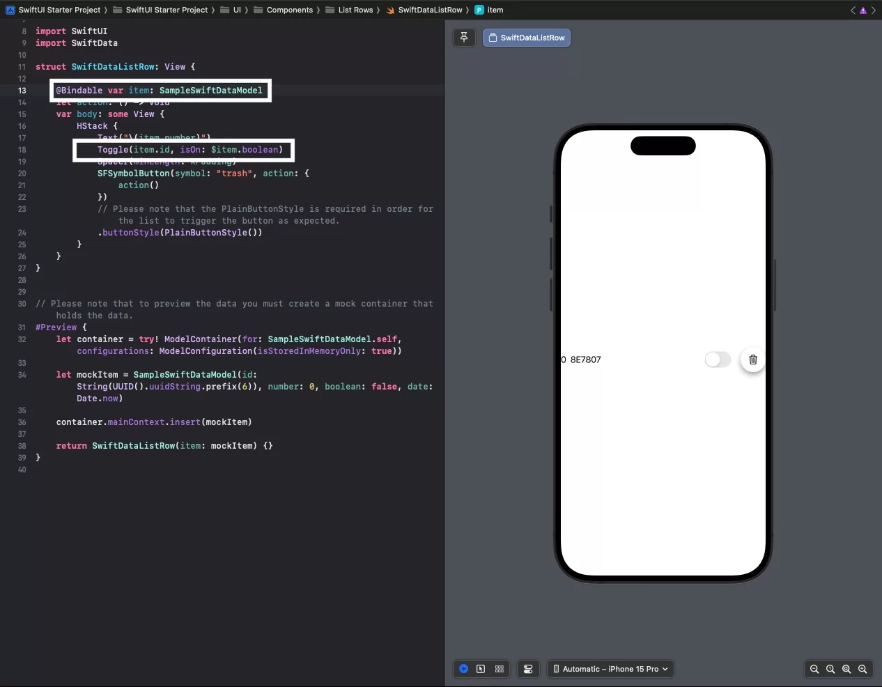 A screenshot of the SwiftDataListRow view code that highlights how we update a boolean through a toggle.