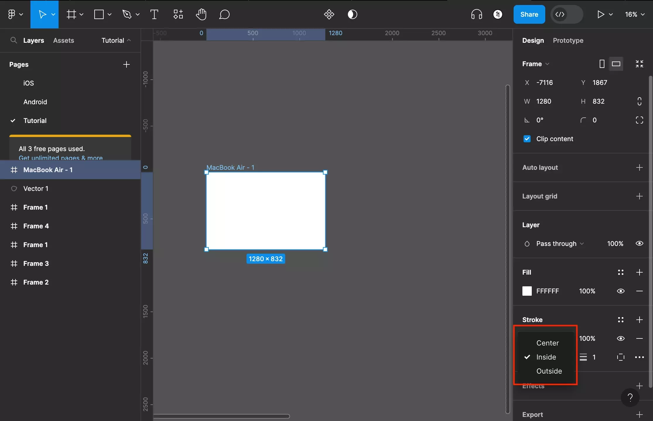 A screenshot of Figma that shows you a frame that has been selected. We have added a stroke and have highlighted the menu that appears when you press the dropdown next to “Inside.” The stroke types that you can pick from are center, inside or outside.