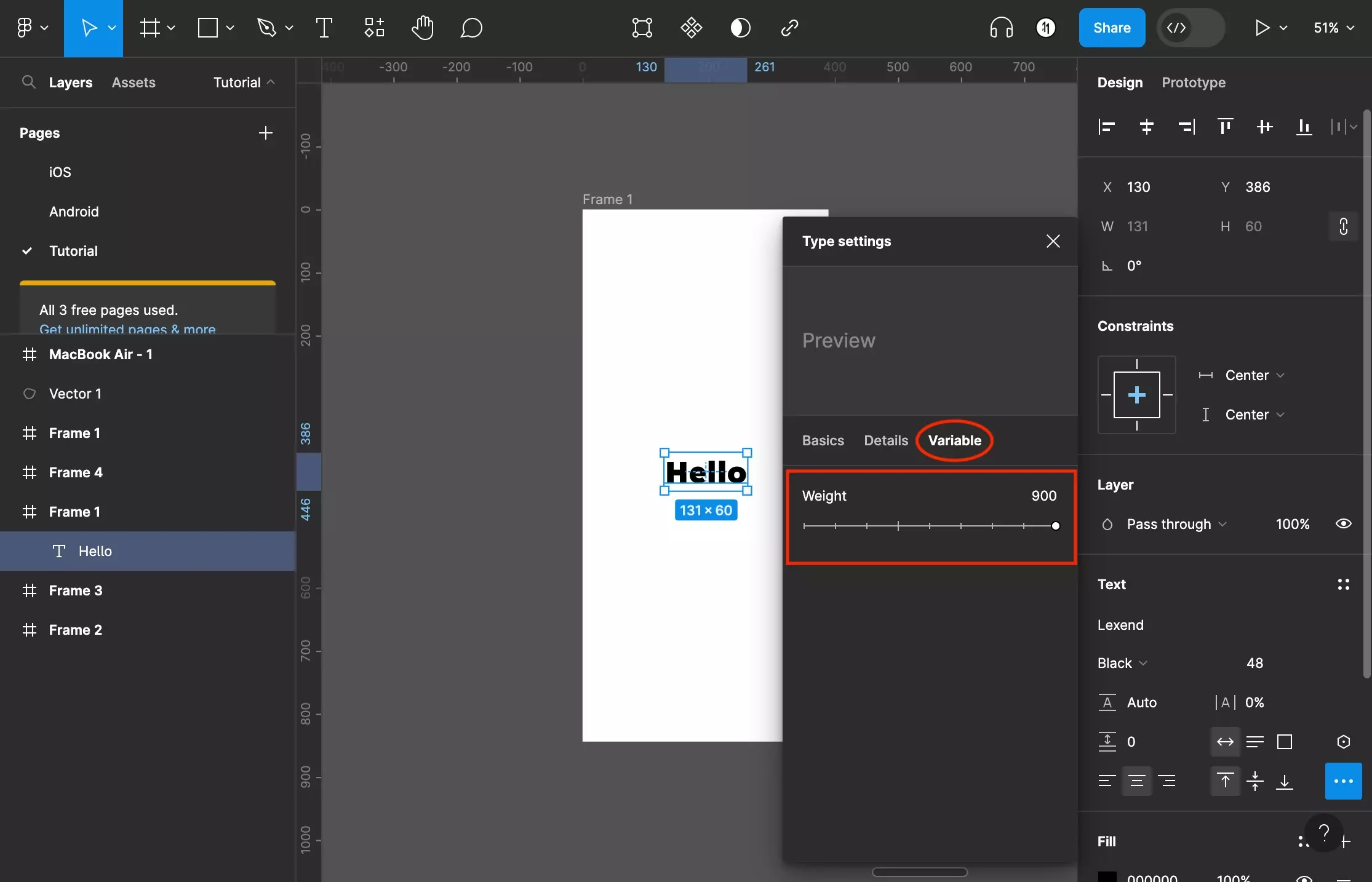 A screenshot of Figma that shows you a frame with text on it.  The Advanced Type Settings window is open with the Variable tab selected where you can adapt the font via the parameters available for the Typeface. This tab will only be available if the Typeface is a variable font. 