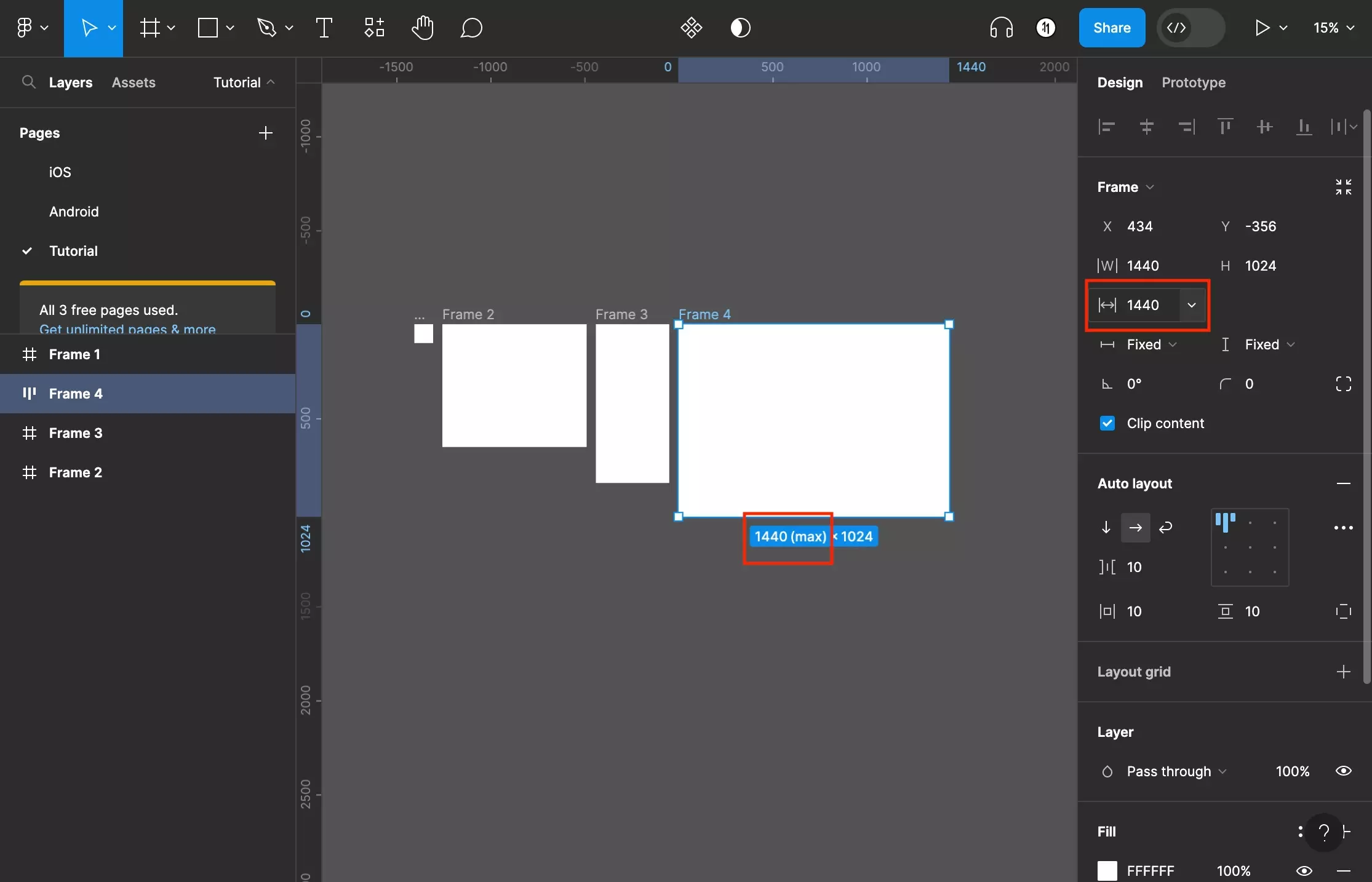 A screenshot of Figma that highlights how the max width has been set to 1440 on the right sidebar. We have also highlighted that this detail now shows up on the artboard that is selected.