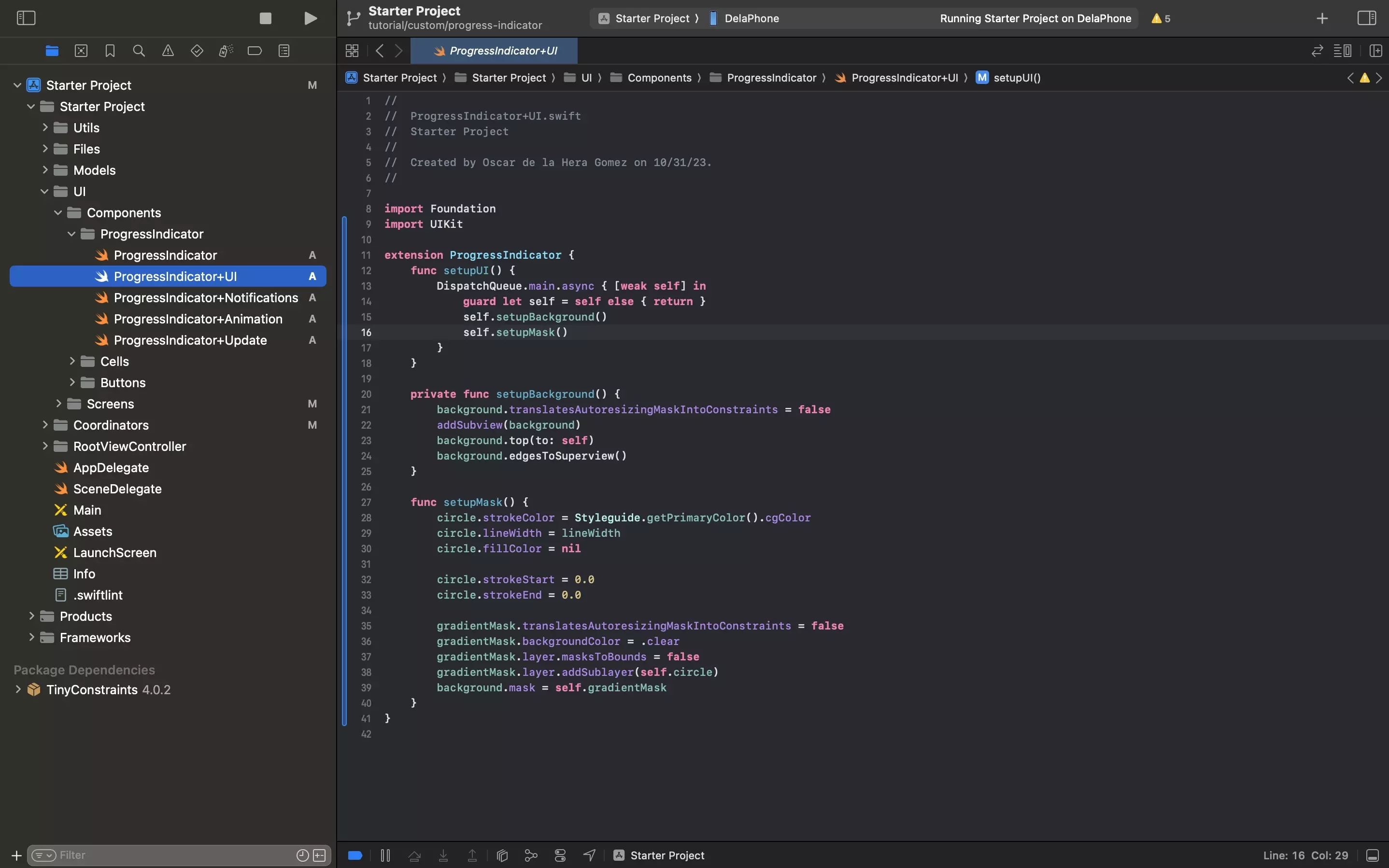 A screenshot of XCode showing the ProgressIndicator+UI.swift file. Code available below.