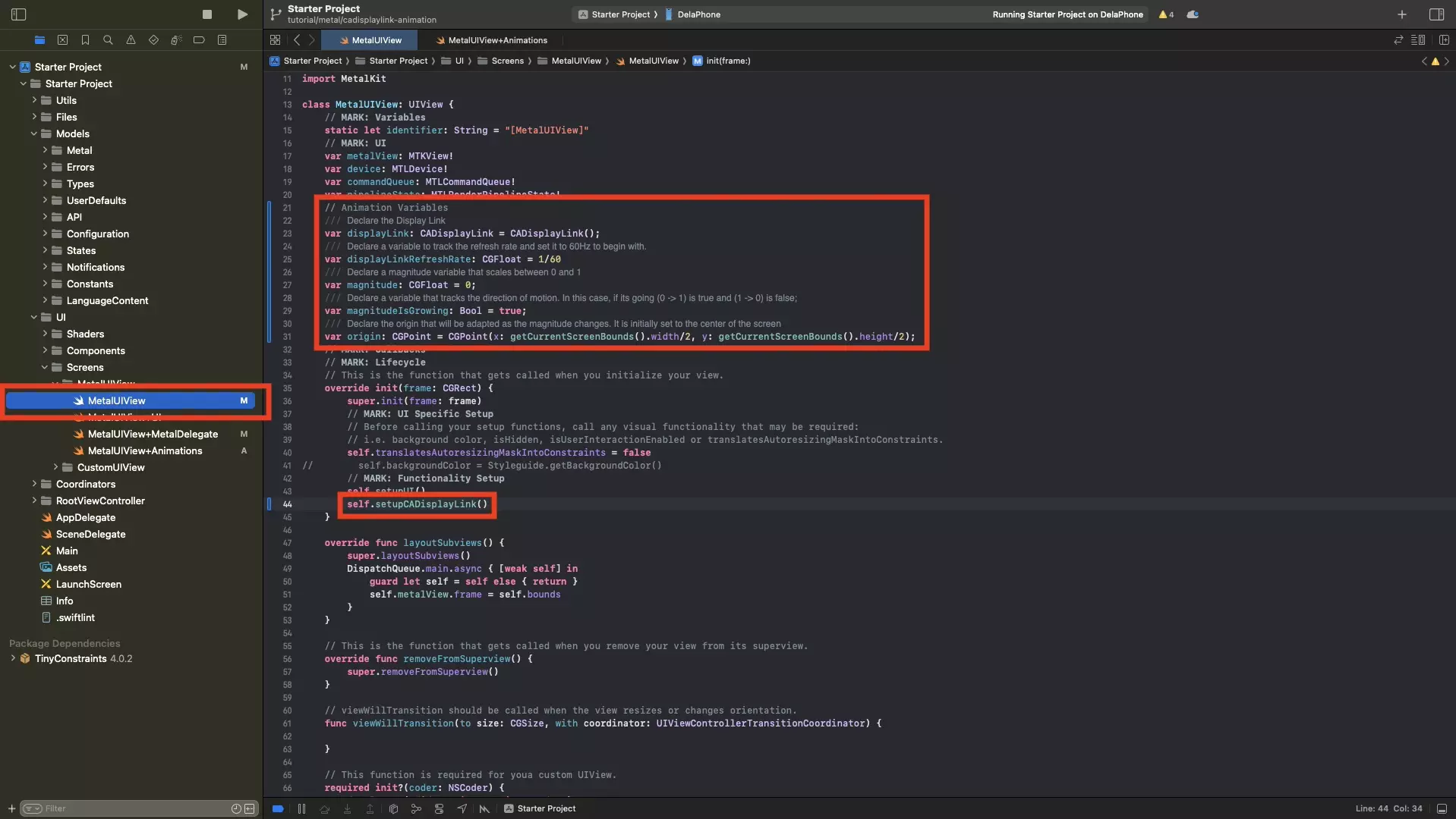 A screenshot of Xcode showing the MetalUIView.swift file. It has highlighted the variables that we have declared and that we have called the setupCADisplayLink function. The setupCADisplayLink function is created in Step Four.