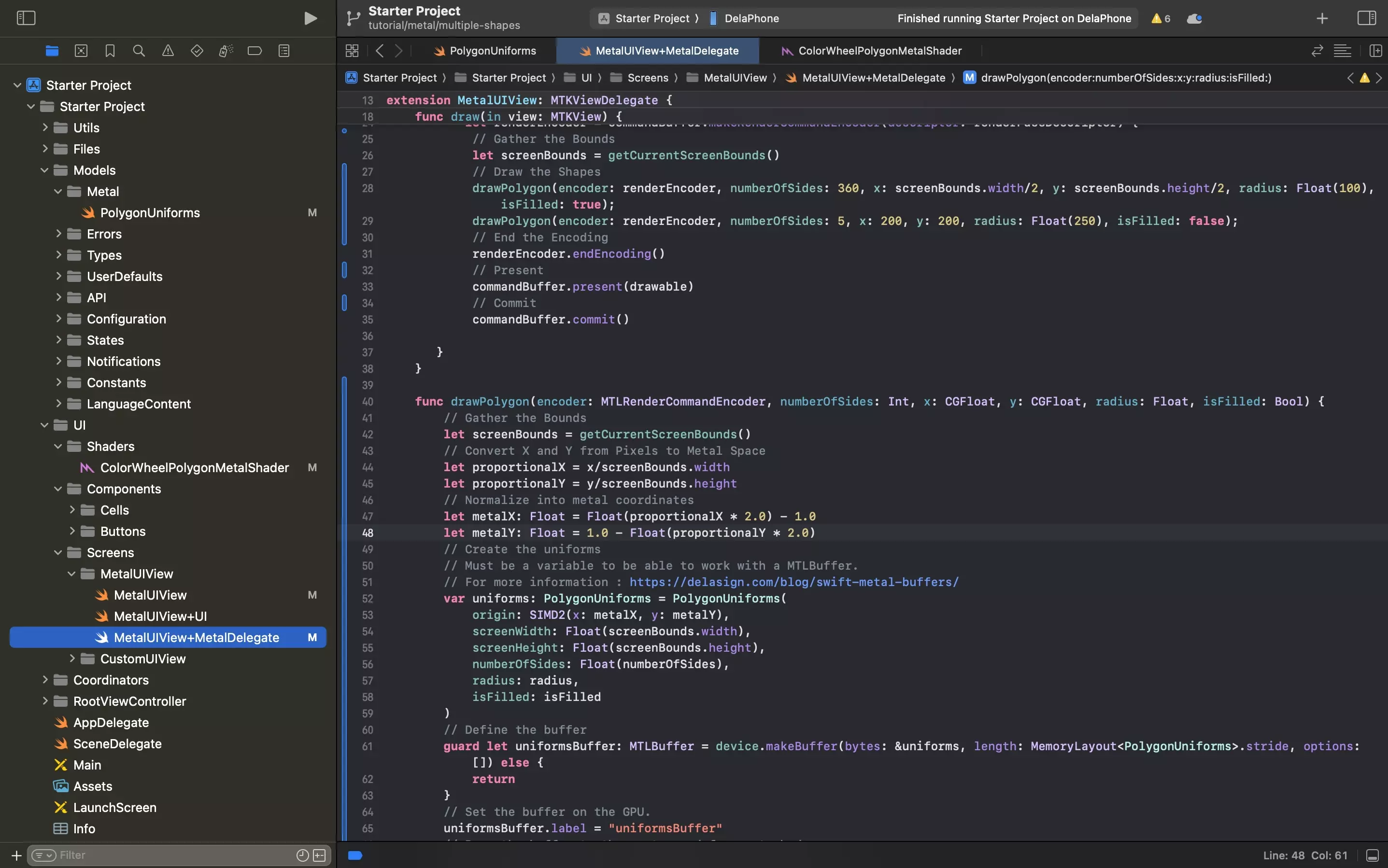 A screenshot of Xcode showing the updated MetalUIView+MetalDelegate.swift file. Code available below.