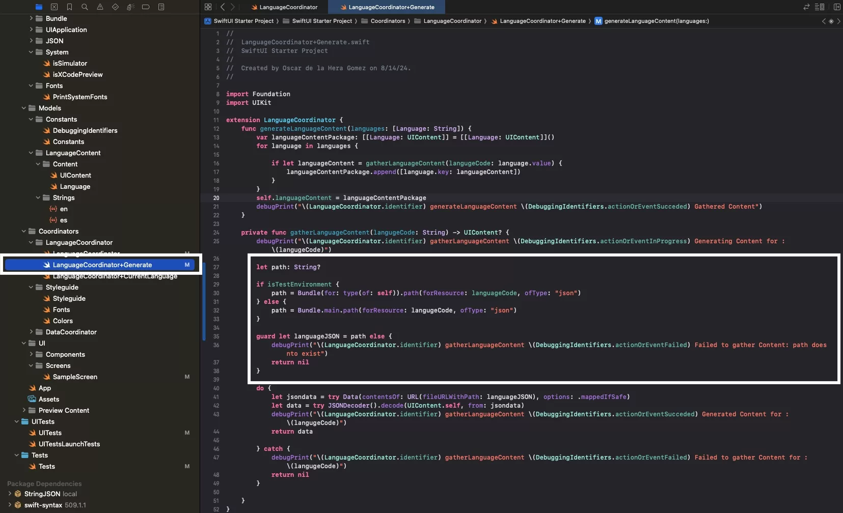 A screenshot of XCode showing the LanguageCoordinator+Generate.swift file. Highlighted is how we have adapted the path for the string json files to take in different values if its within the testing environment.