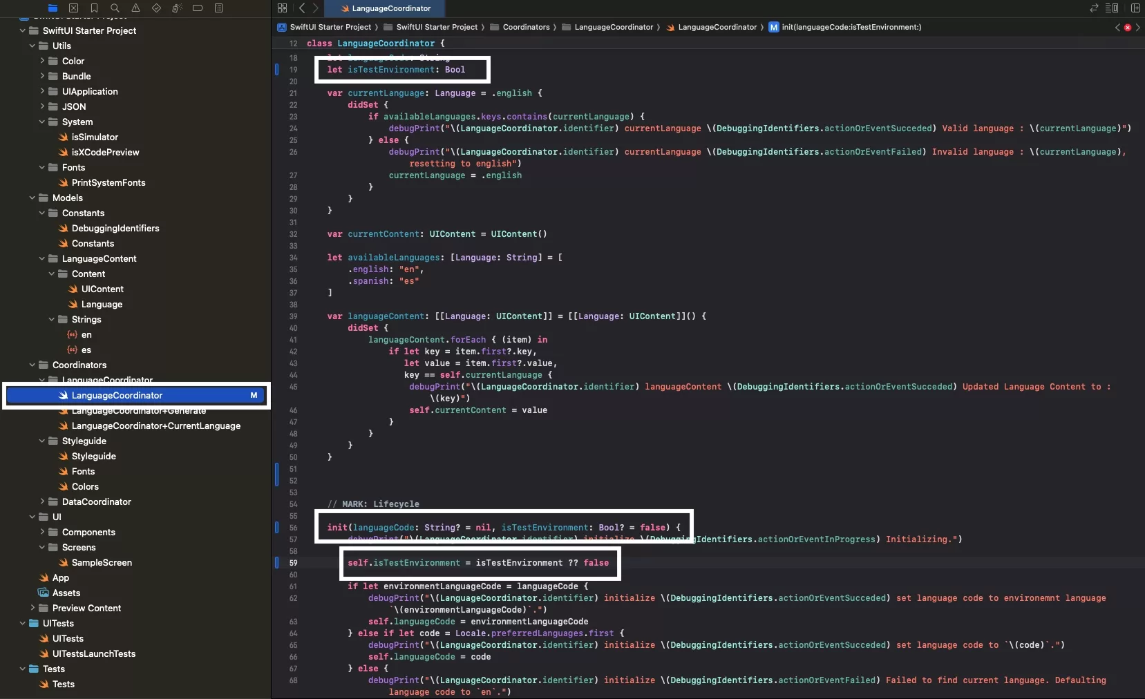 A screenshot of XCode showing the LanguageCoordinator.swift file. Highlighted is how we have added a isTestingEnvironment boolean constant, how it is offered as an optional in the initializer and how its initialized within the initializer with a default of false.