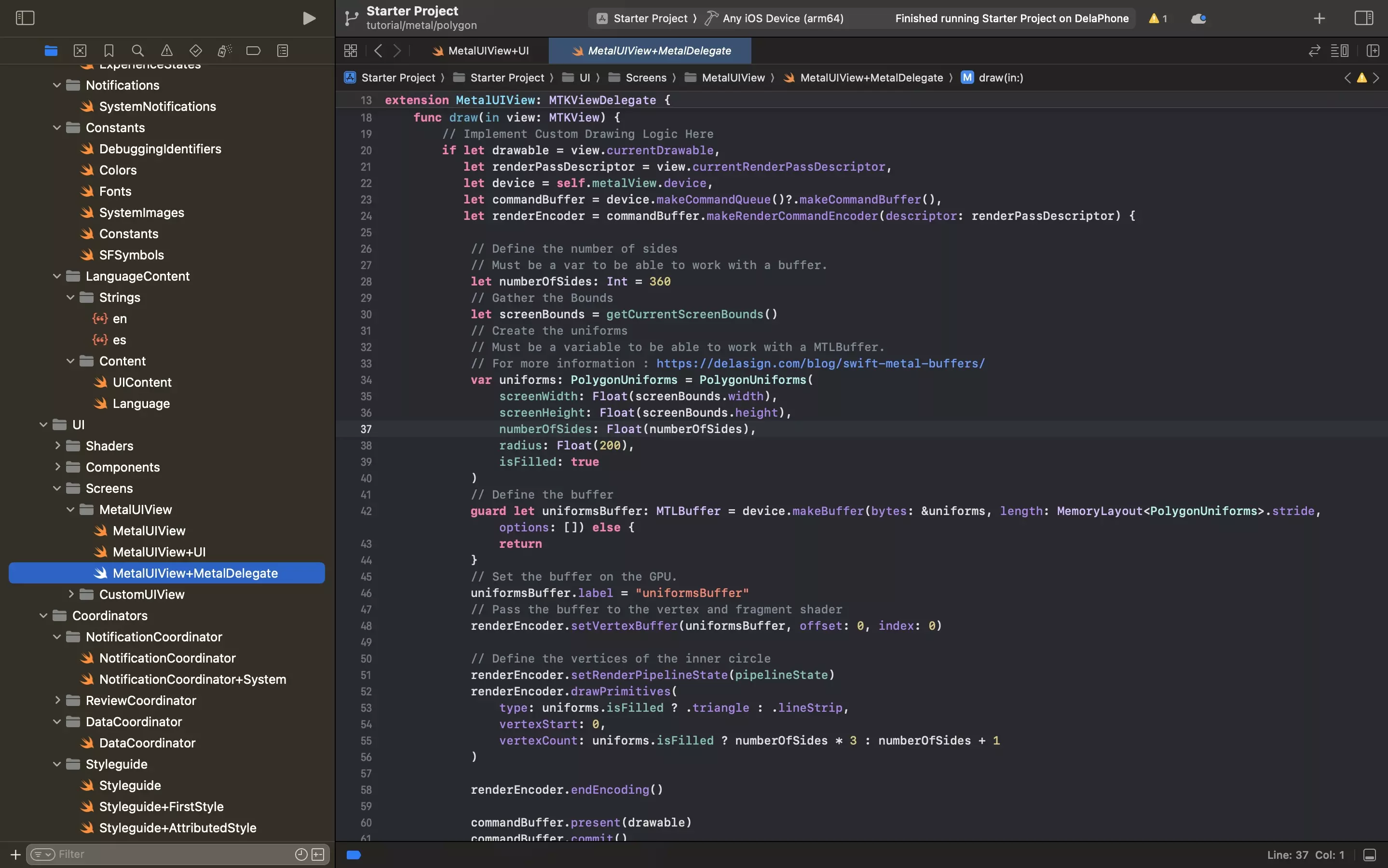 A screenshot of XCode showing the MetalUIView+MetalDelegate.swift file. The code for this file is found below.