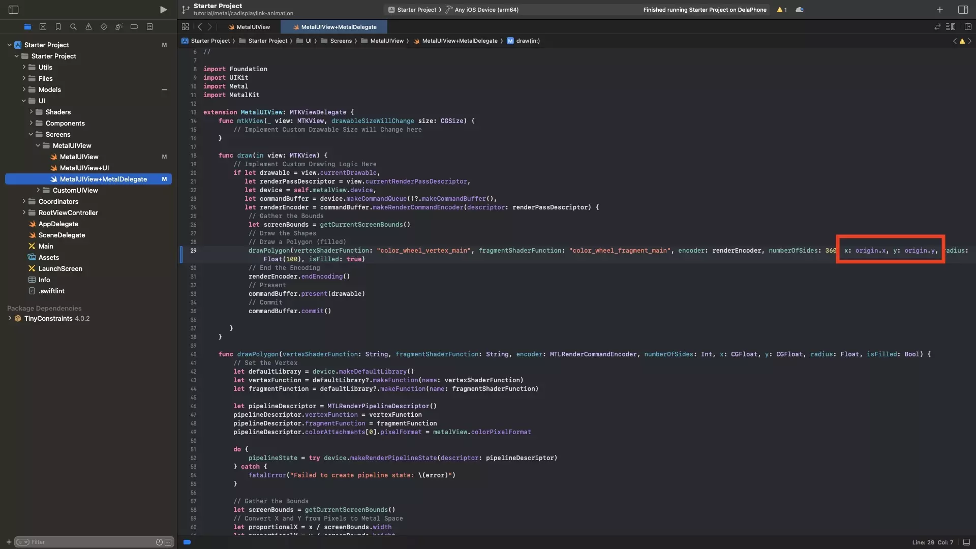 A screenshot of Xcode showing the MetalUIView+MetalDelegate.swift file. We have highlighted how our code makes use of a variable (the origin) that we are going to animate as part of this tutorial.