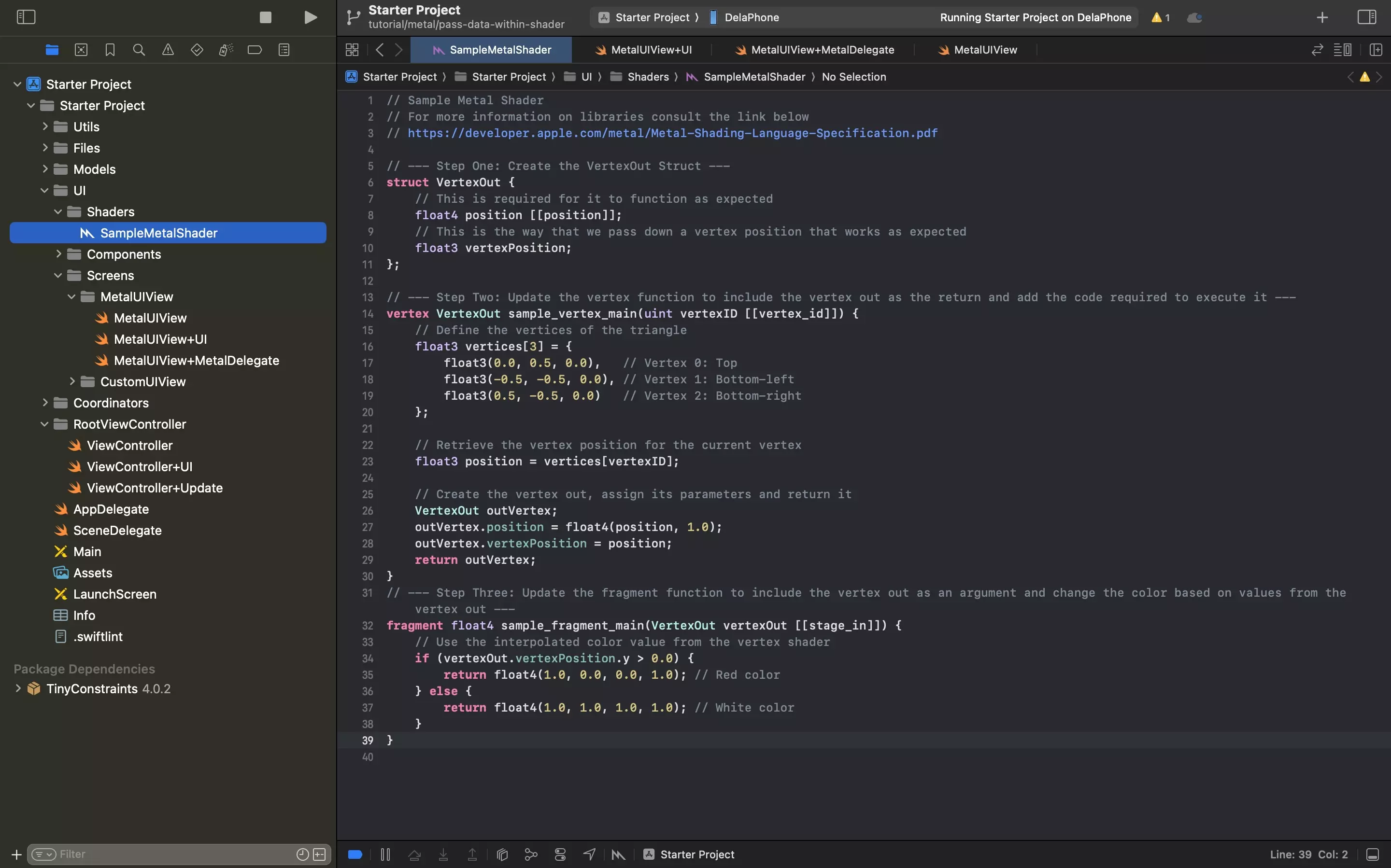 A screenshot of Xcode showing the metal shader code provided below. The code uses comments to detail the changes that have to be carried out to allow the shader to pass data between the vertex and the fragment functions within a metal shader.