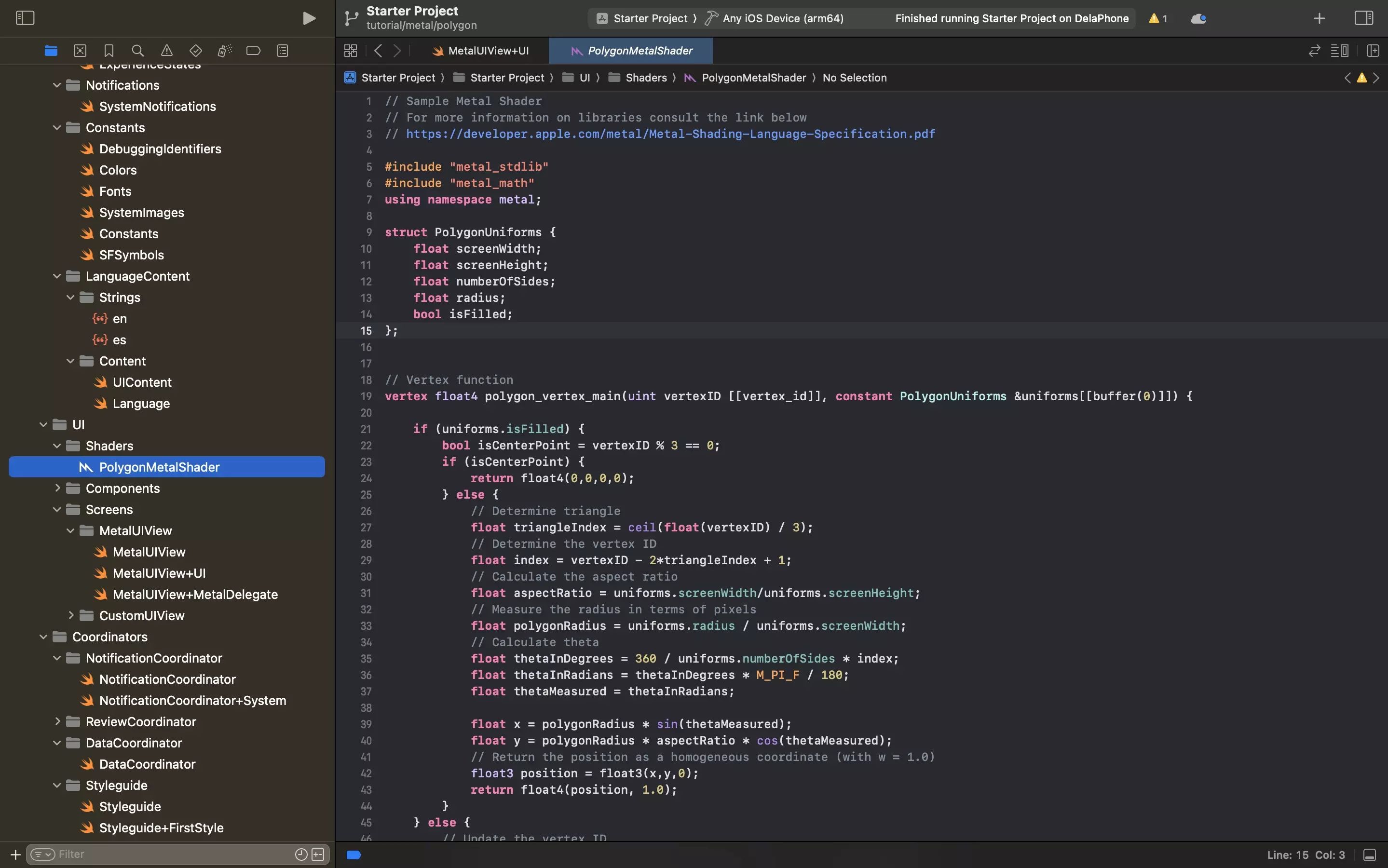 A screenshot of XCode showing the PolygonMetalShader.metal file. The code is available below.