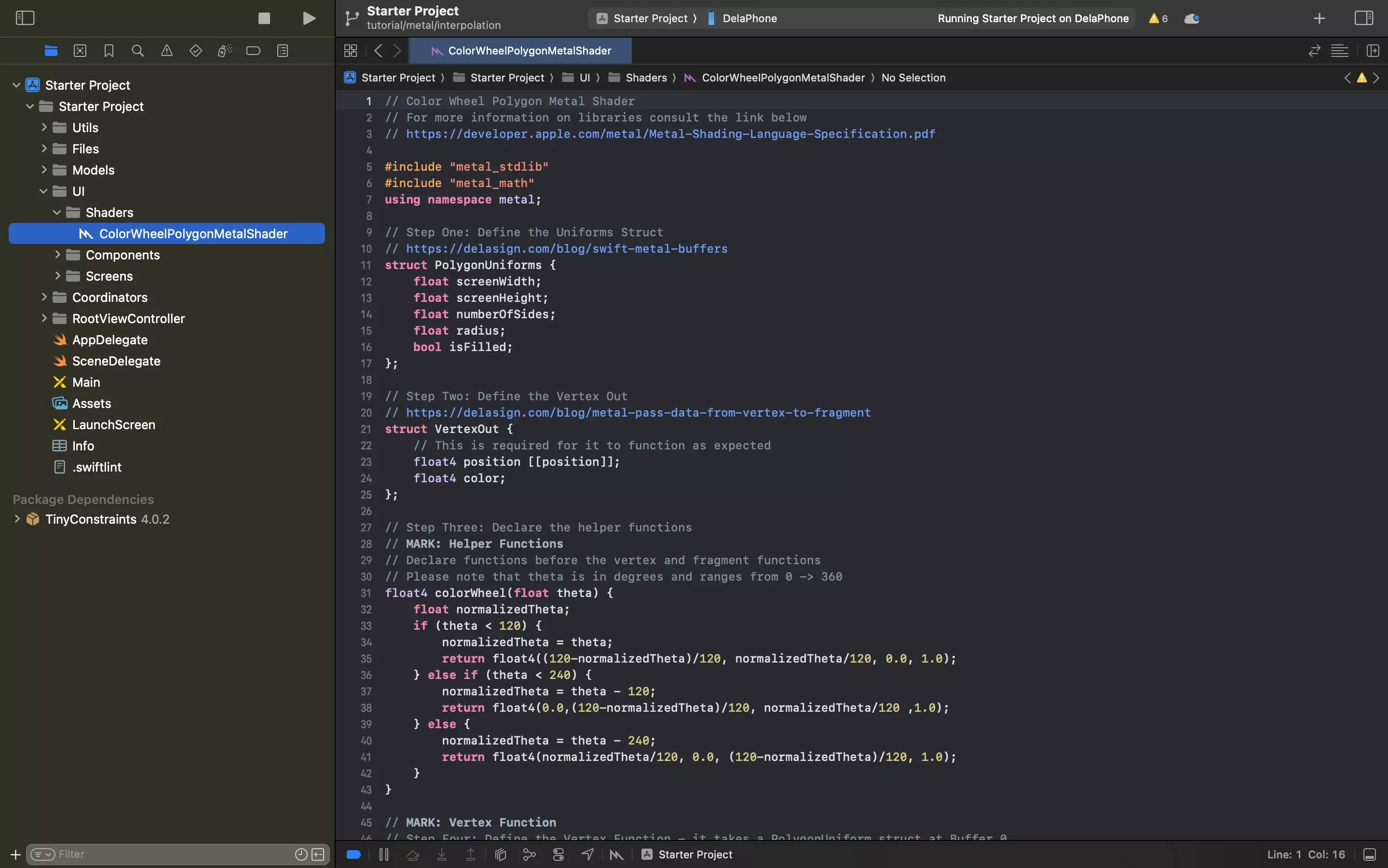 A screenshot of Xcode showing the updated metal shader. Code is available below.