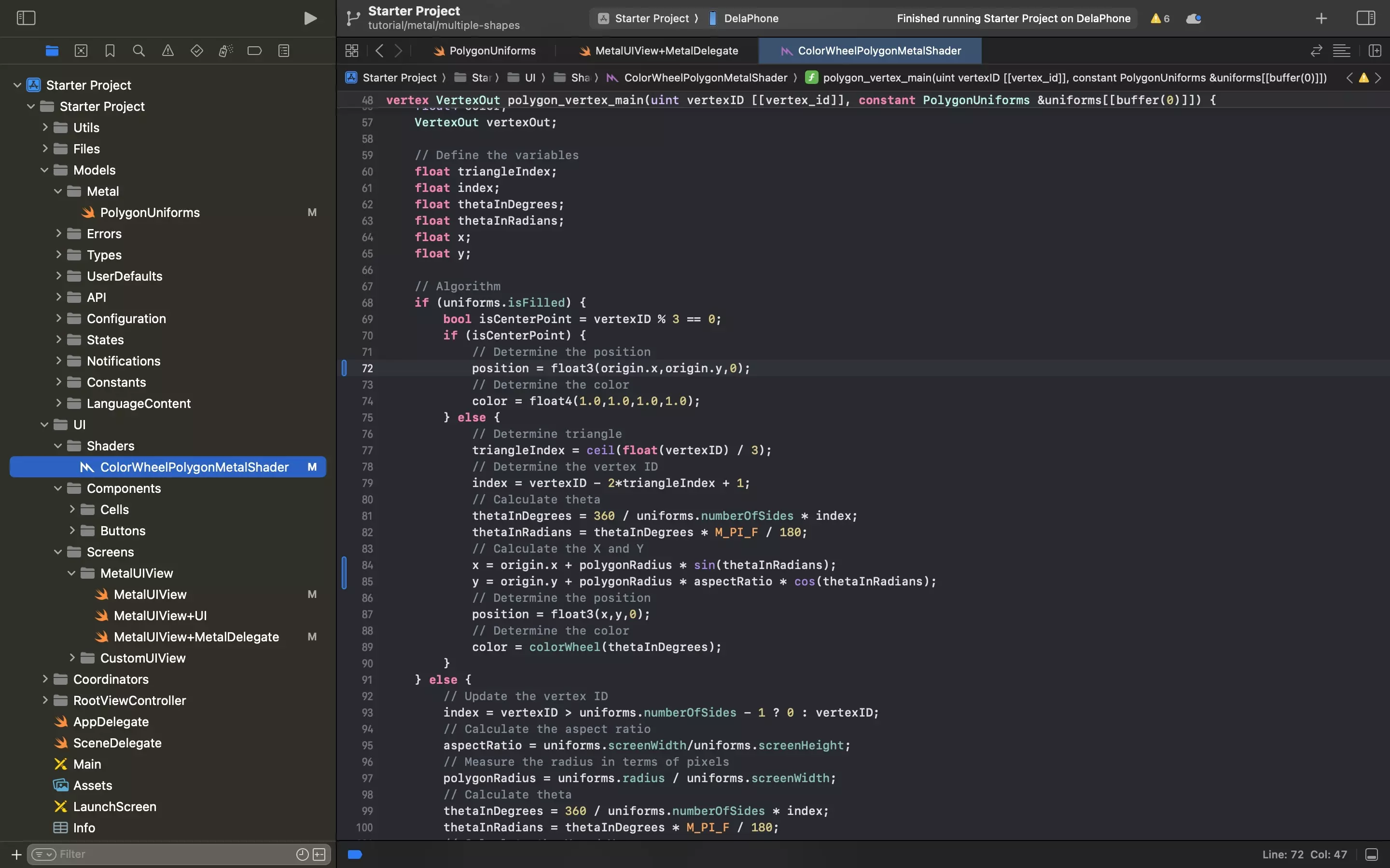 A screenshot of Xcode showing the updated metal shader. Code available below.