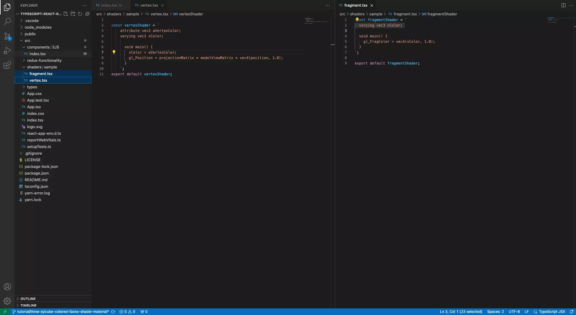 A screenshot of VSCode showing the updated Vertex and Fragment shader.