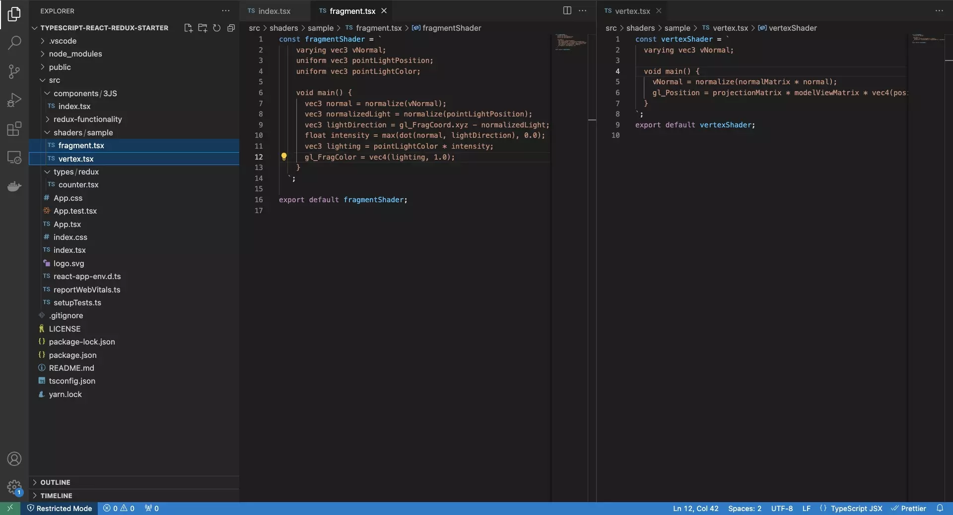 A screenshot of VSCode showing the updated code for the vertex and fragment shaders. Code is available below.