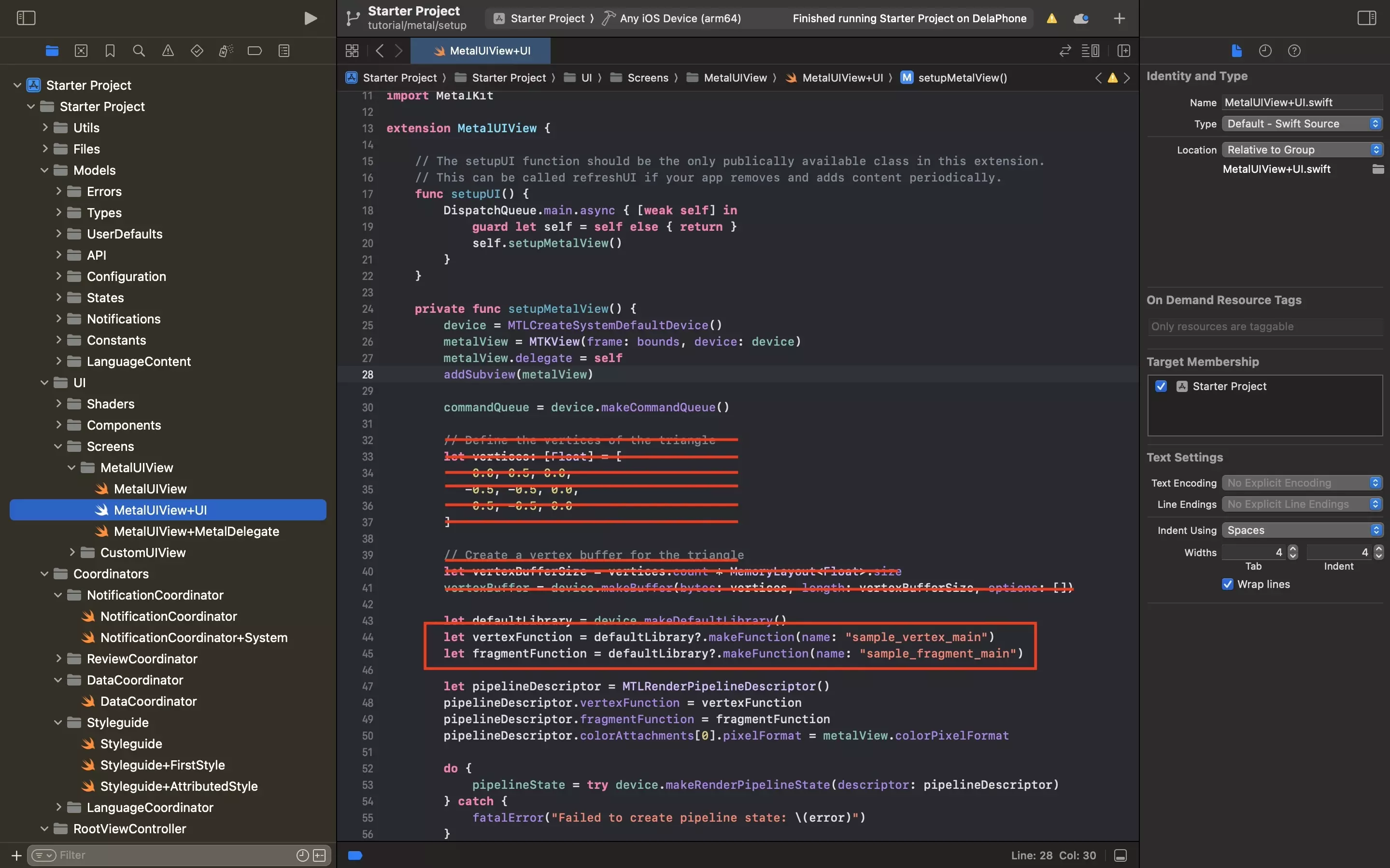 A screenshot of Xcode showing the MetalUIView+UI.swift file. It highlights the lines that need to be removed and the location of the changes that need to be made to the vertex and fragment function names.